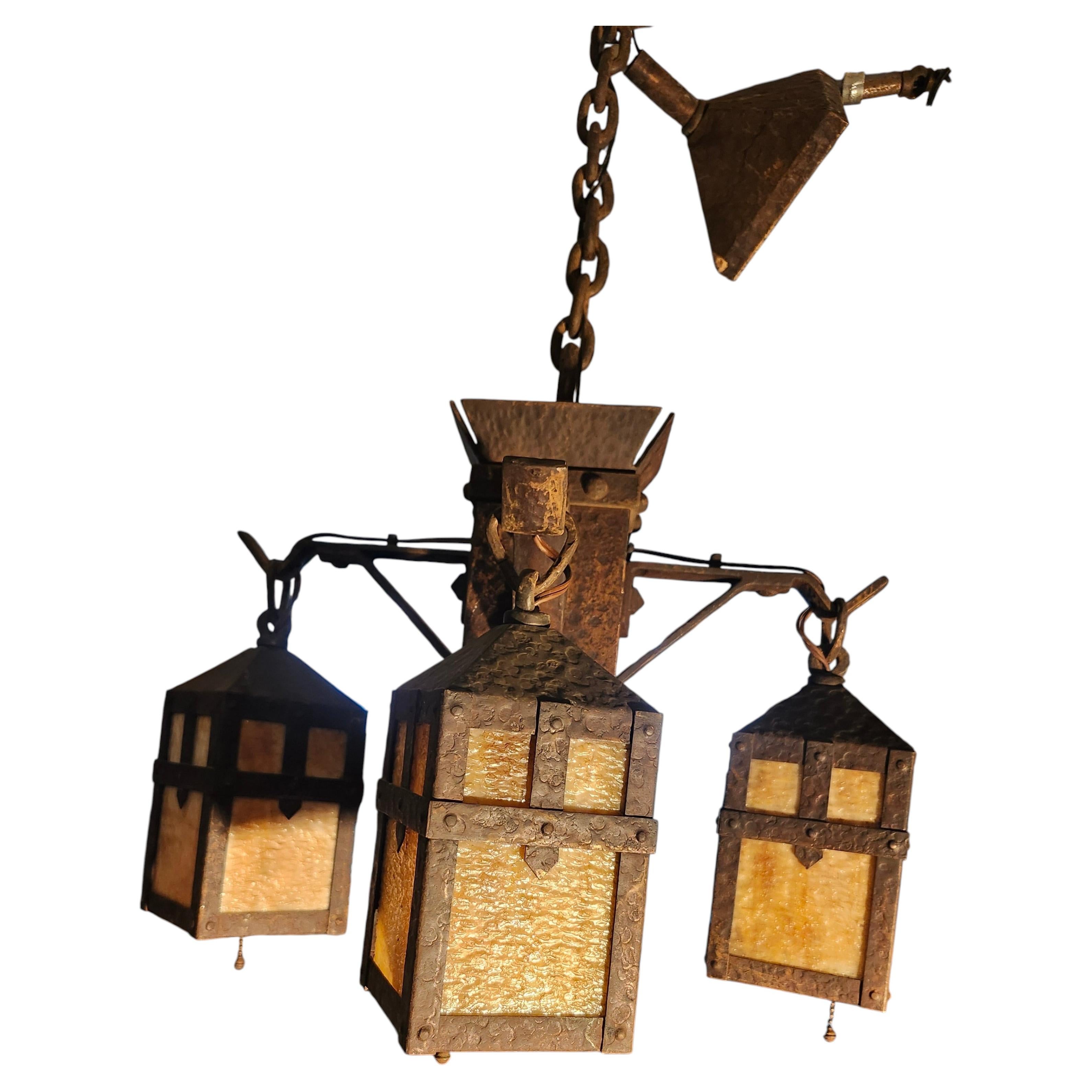 Arts &Crafts Mission 4 Light Chandelier w Slag Glass and the Monk Faces C1910 For Sale