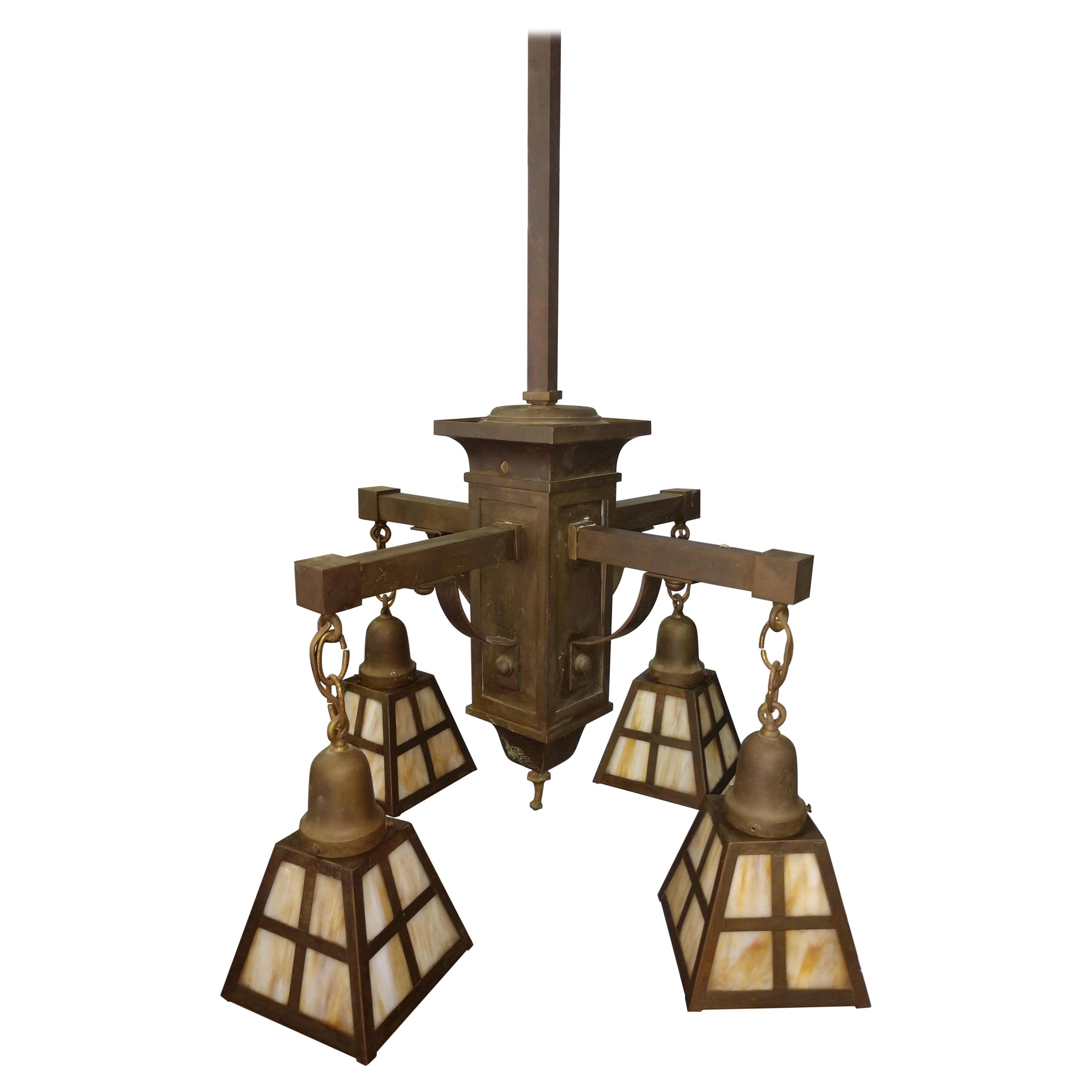 Arts 
Crafts Mission Brass Chandelier with 4 Slag Glass Shades C1905