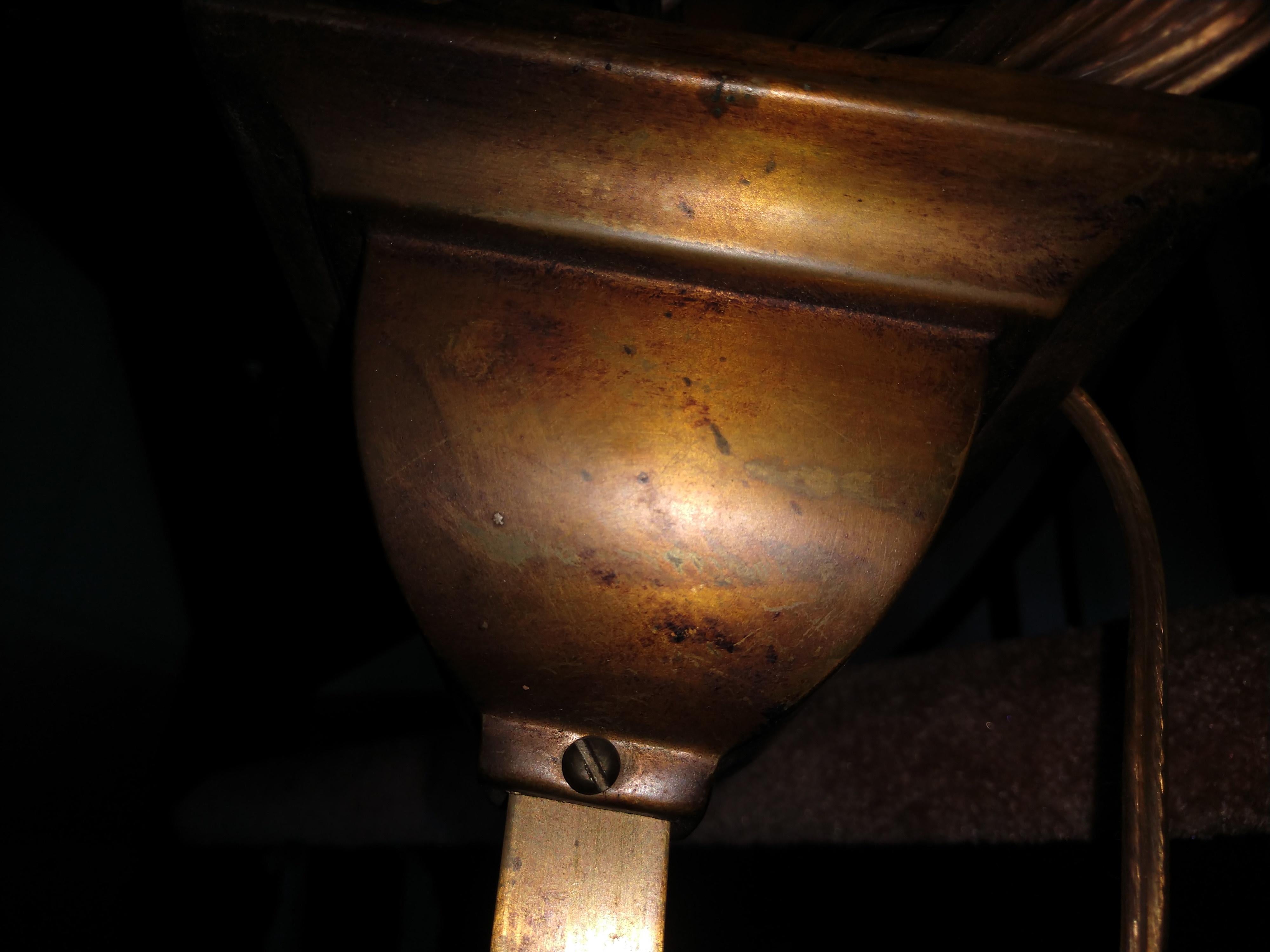 Américain Lampe à suspension Mission Arts & Crafts en laiton avec verre de scorie, C1905