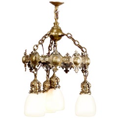 Arts & Crafts Mission Bronze Chandelier W. Steuben Calcite Glass Shades