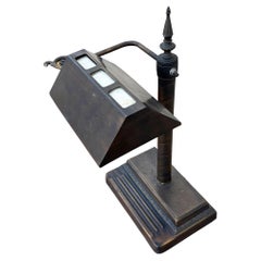 Arts & Crafts Mission Bronze Wash Brass Desk Lamp w/ Clerestory Glass Insets