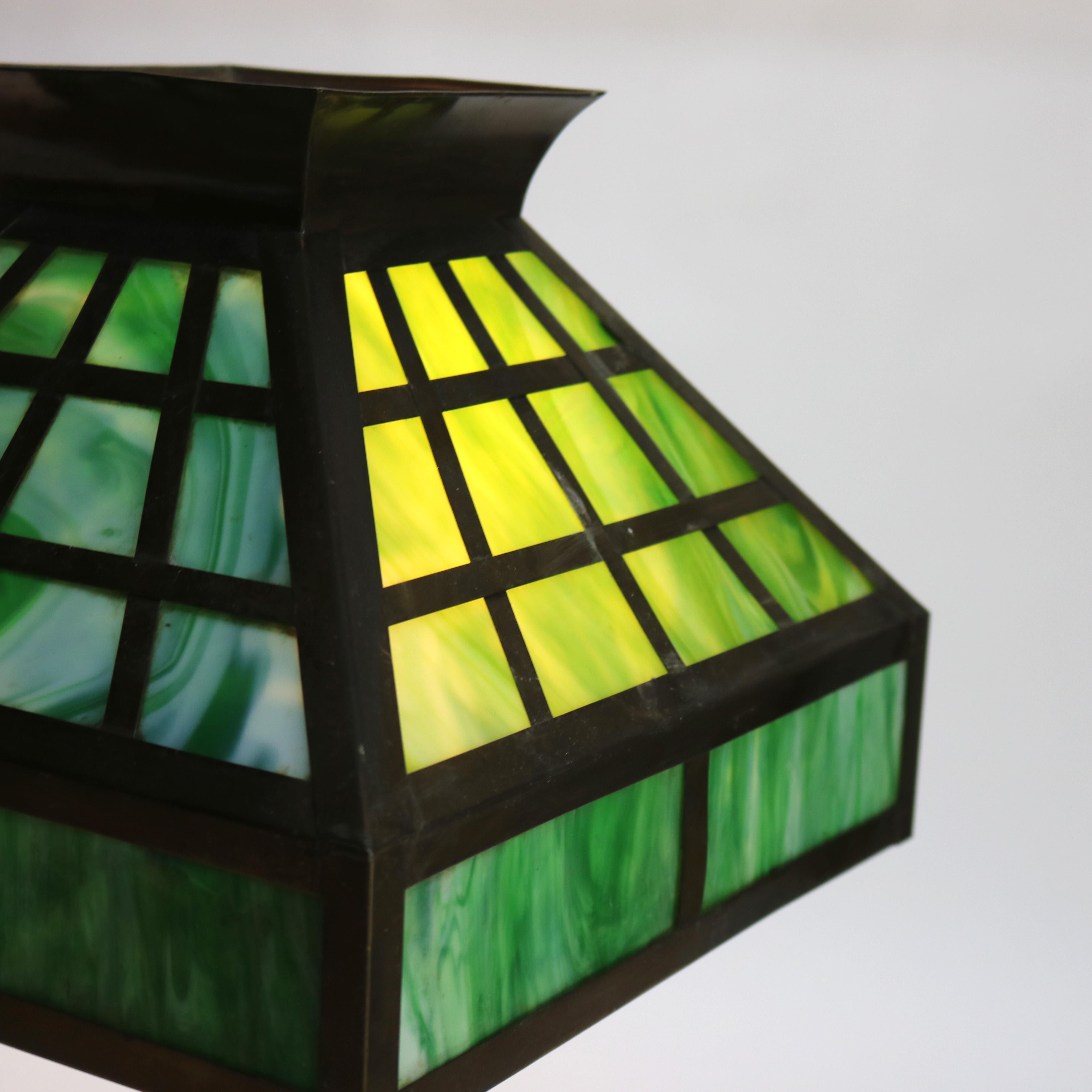 Arts & Crafts Mission Green Slag Glass & Brass Table Lamp C1920 4