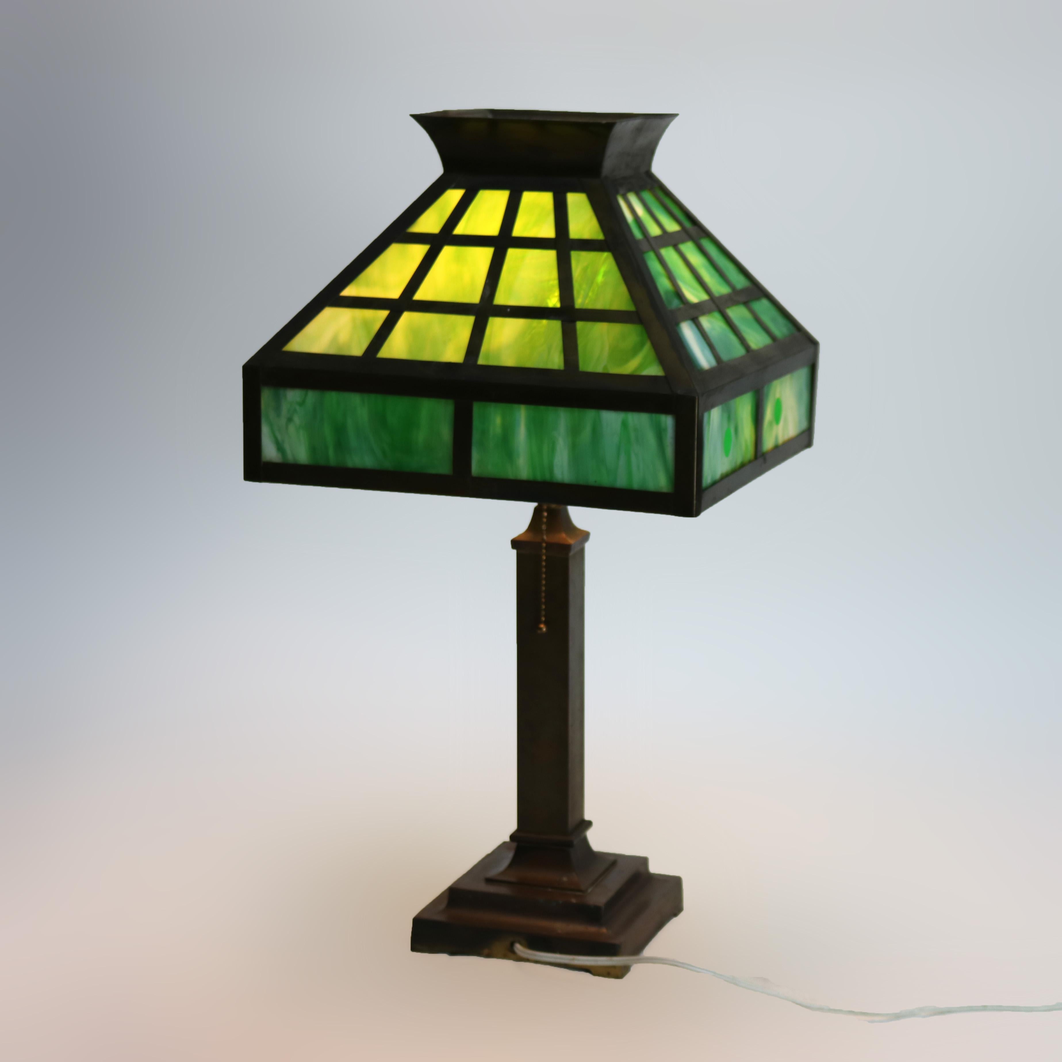 Arts & Crafts Mission Green Slag Glass & Brass Table Lamp C1920 5