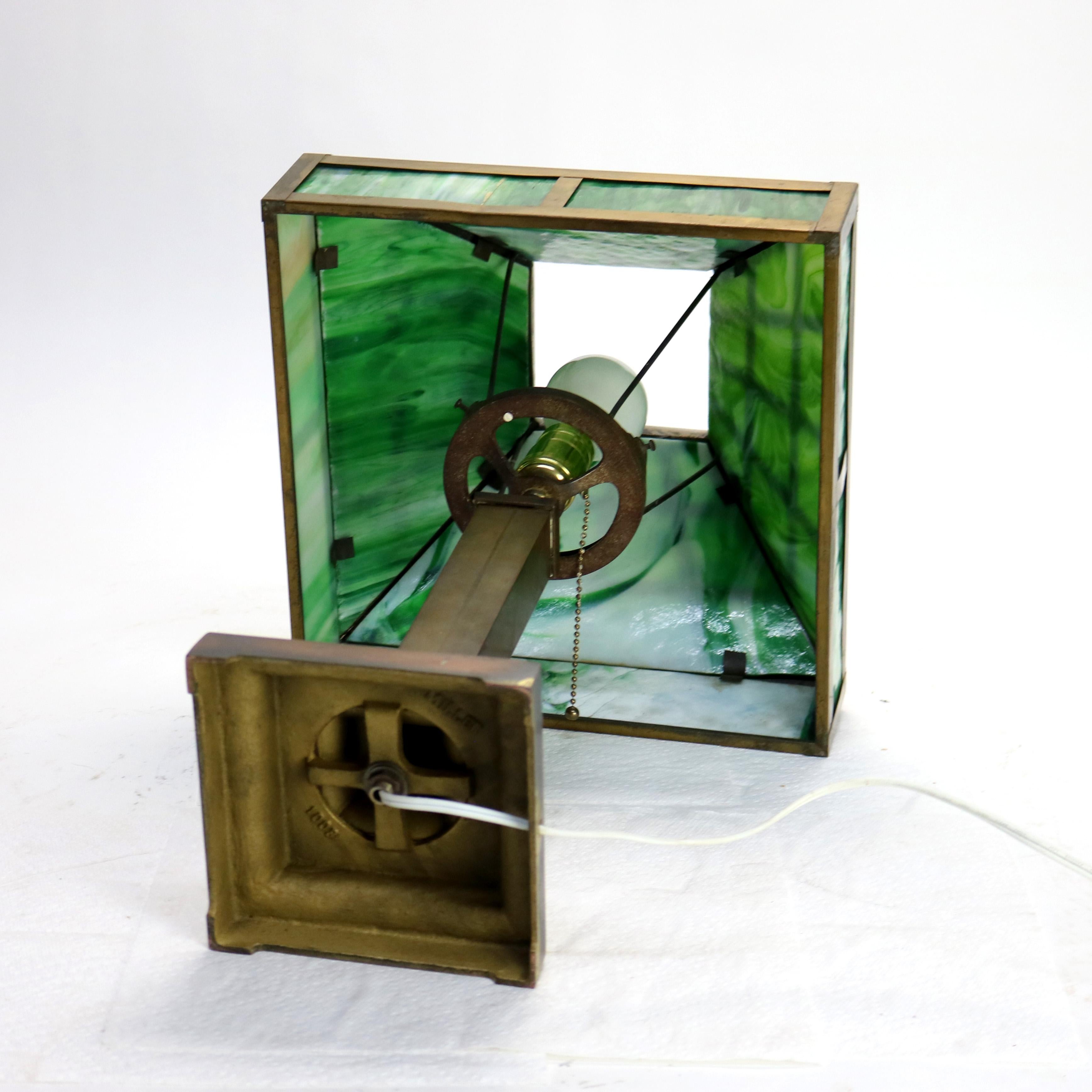 Arts & Crafts Mission Green Slag Glass & Brass Table Lamp C1920 6