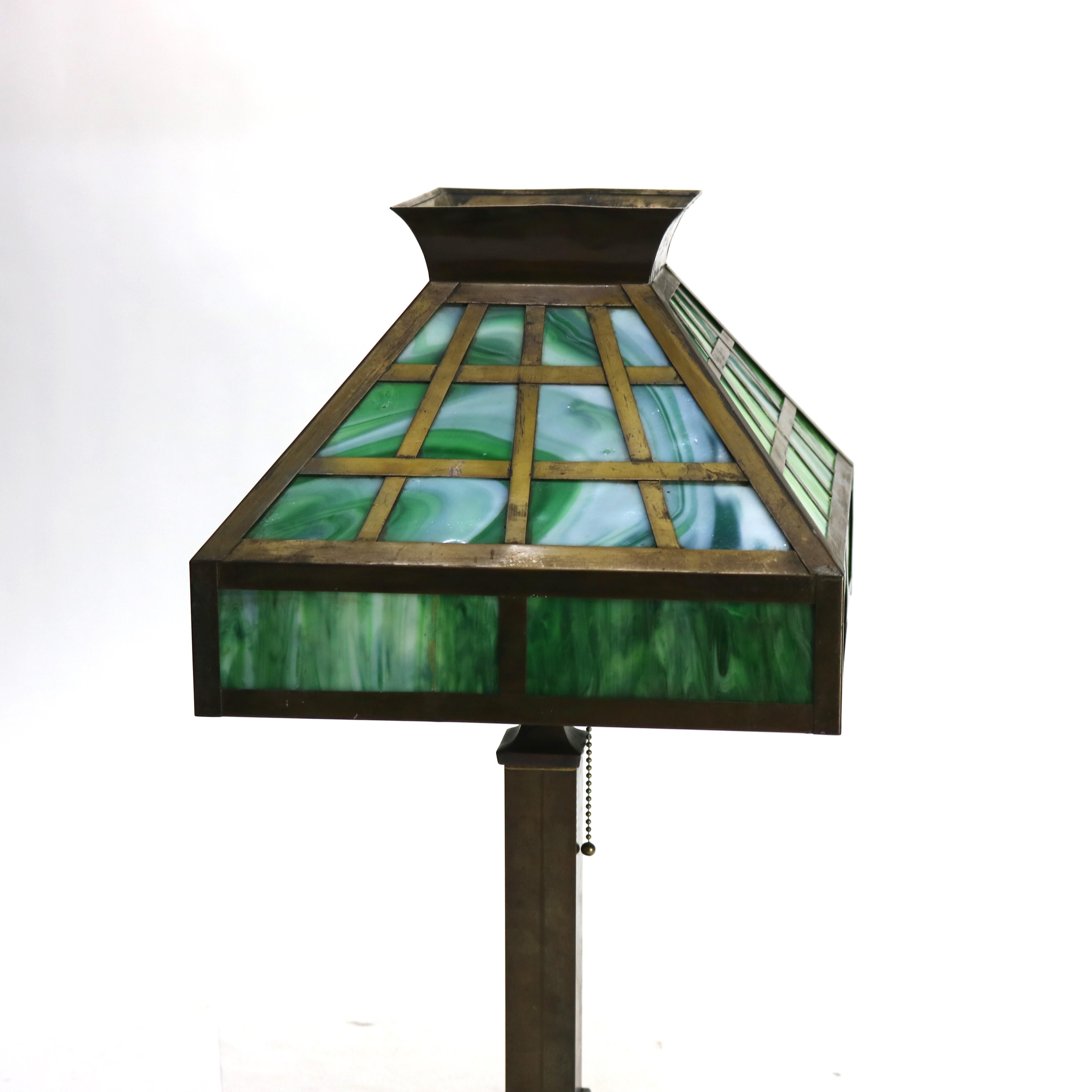 Arts & Crafts Mission Green Slag Glass & Brass Table Lamp C1920 7