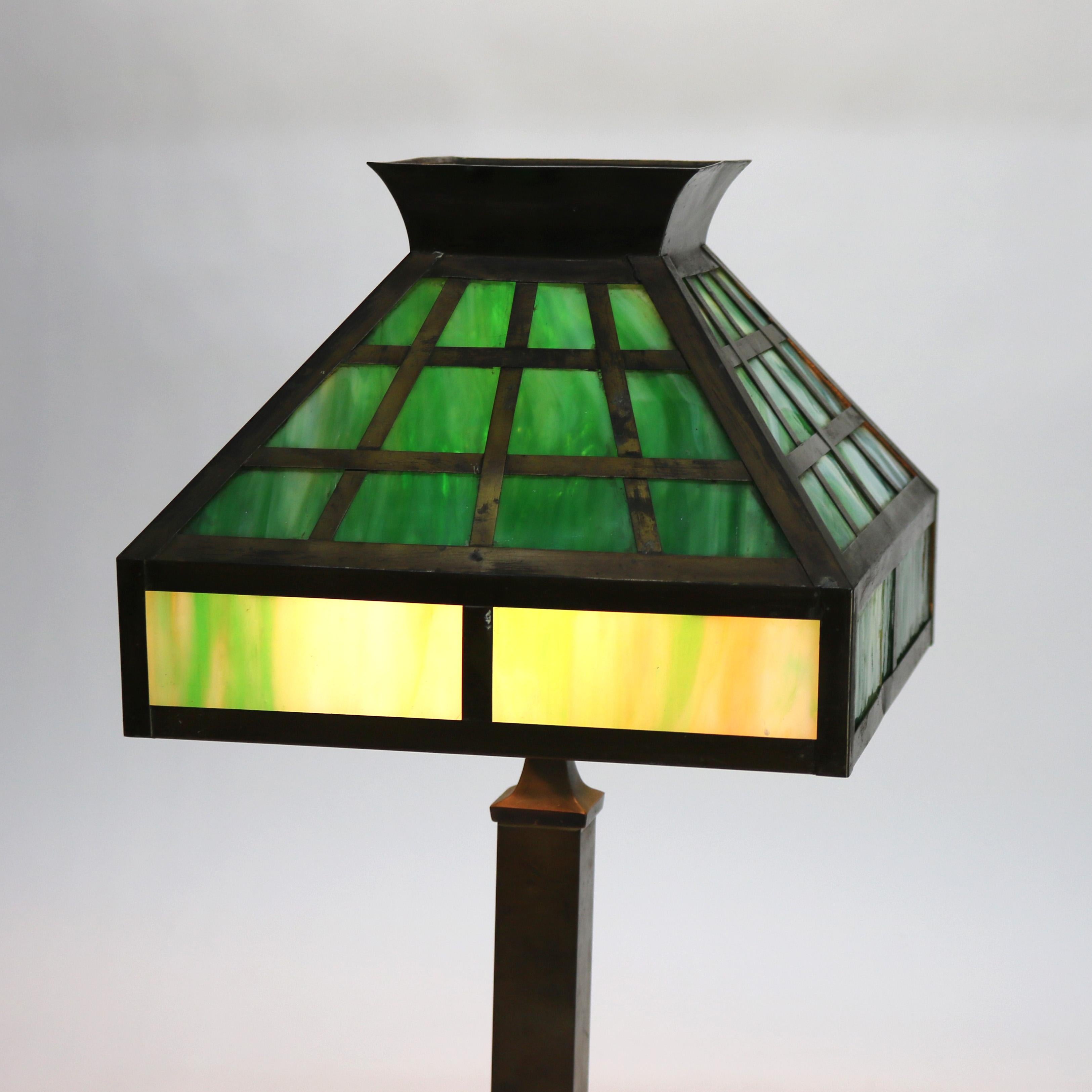 Arts & Crafts Mission Green Slag Glass & Brass Table Lamp  C1920.  

Measures - 22.5