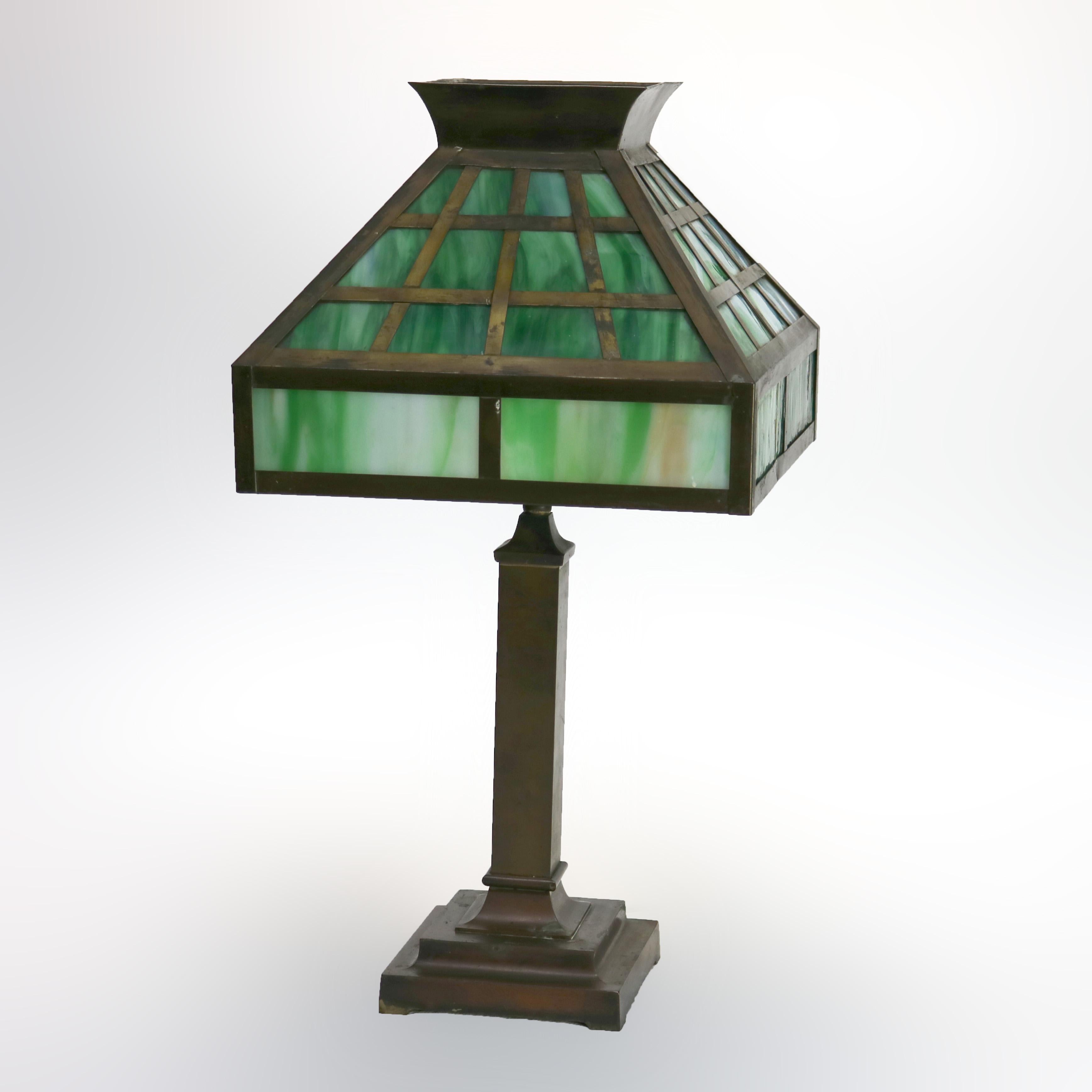 Arts and Crafts Arts & Crafts Mission Green Slag Glass & Brass Table Lamp C1920