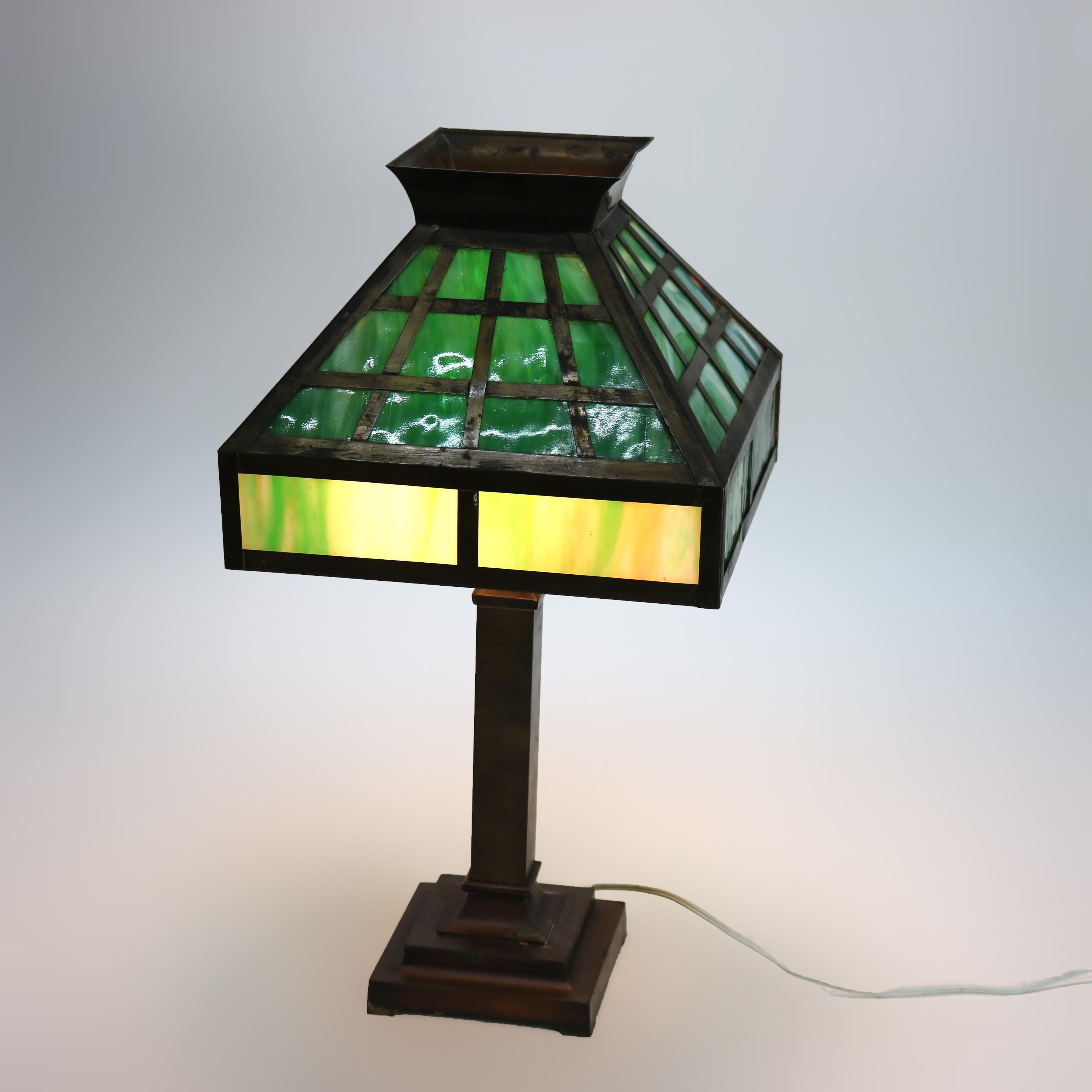 American Arts & Crafts Mission Green Slag Glass & Brass Table Lamp C1920