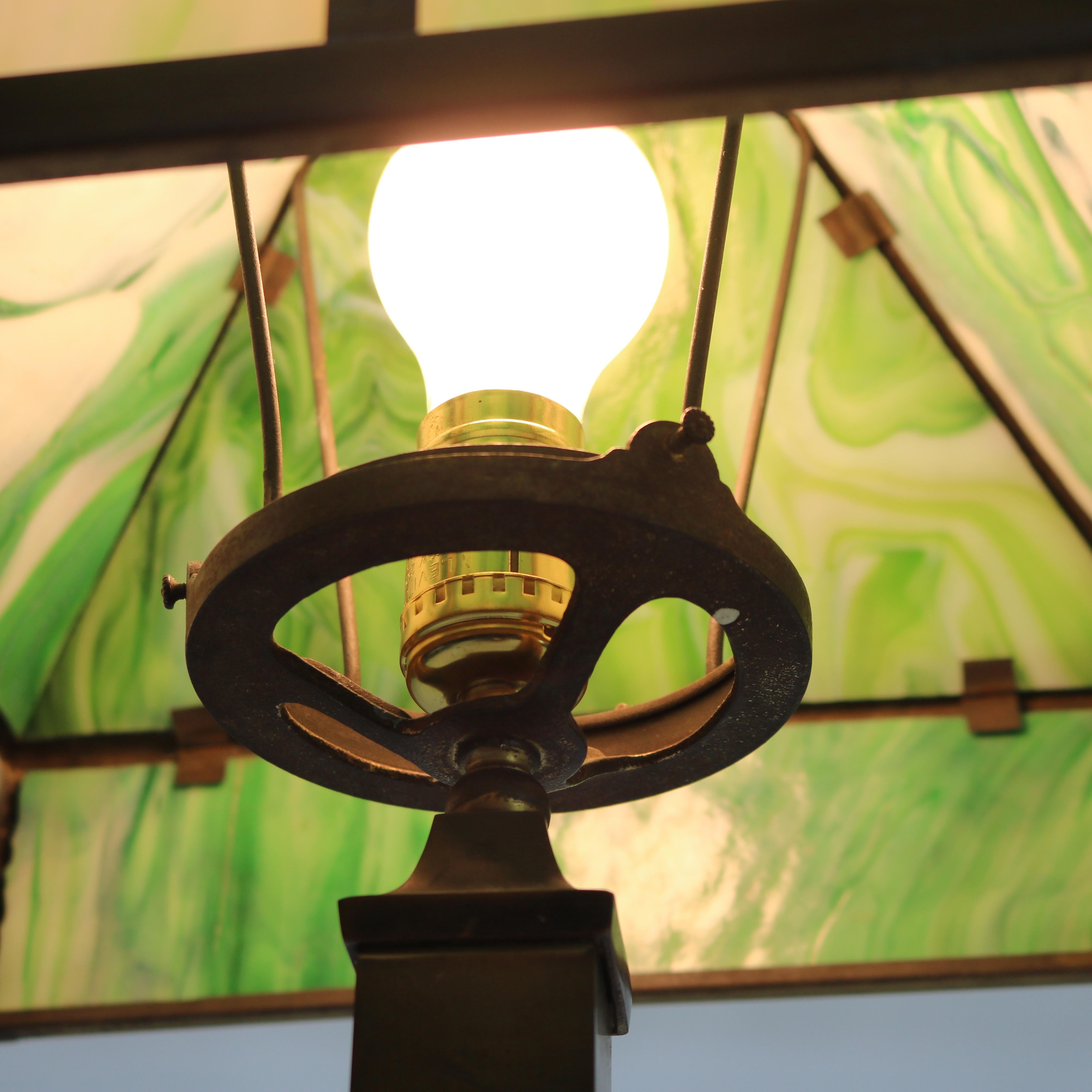 Arts & Crafts Mission Green Slag Glass & Brass Table Lamp C1920 1