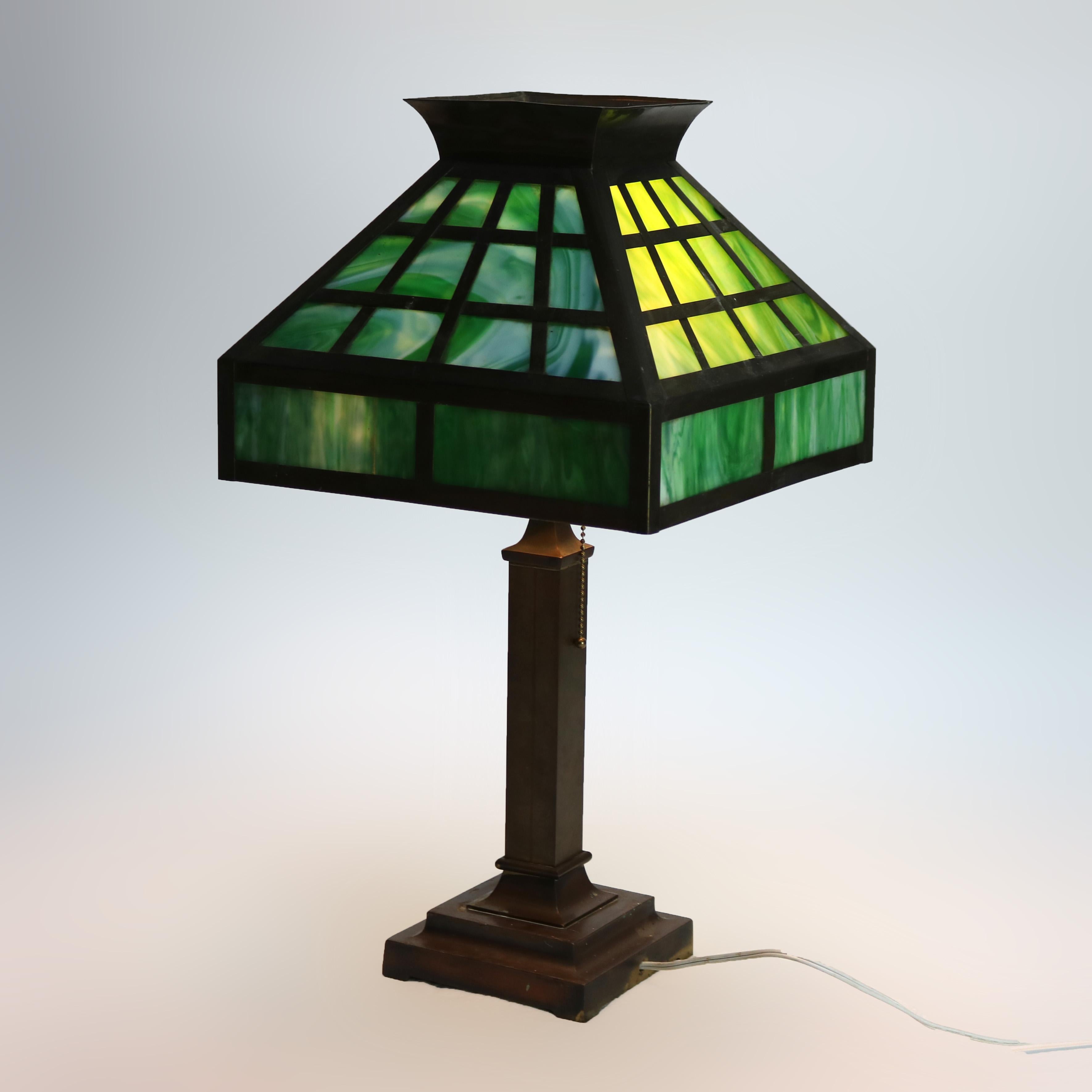 Arts & Crafts Mission Green Slag Glass & Brass Table Lamp C1920 2