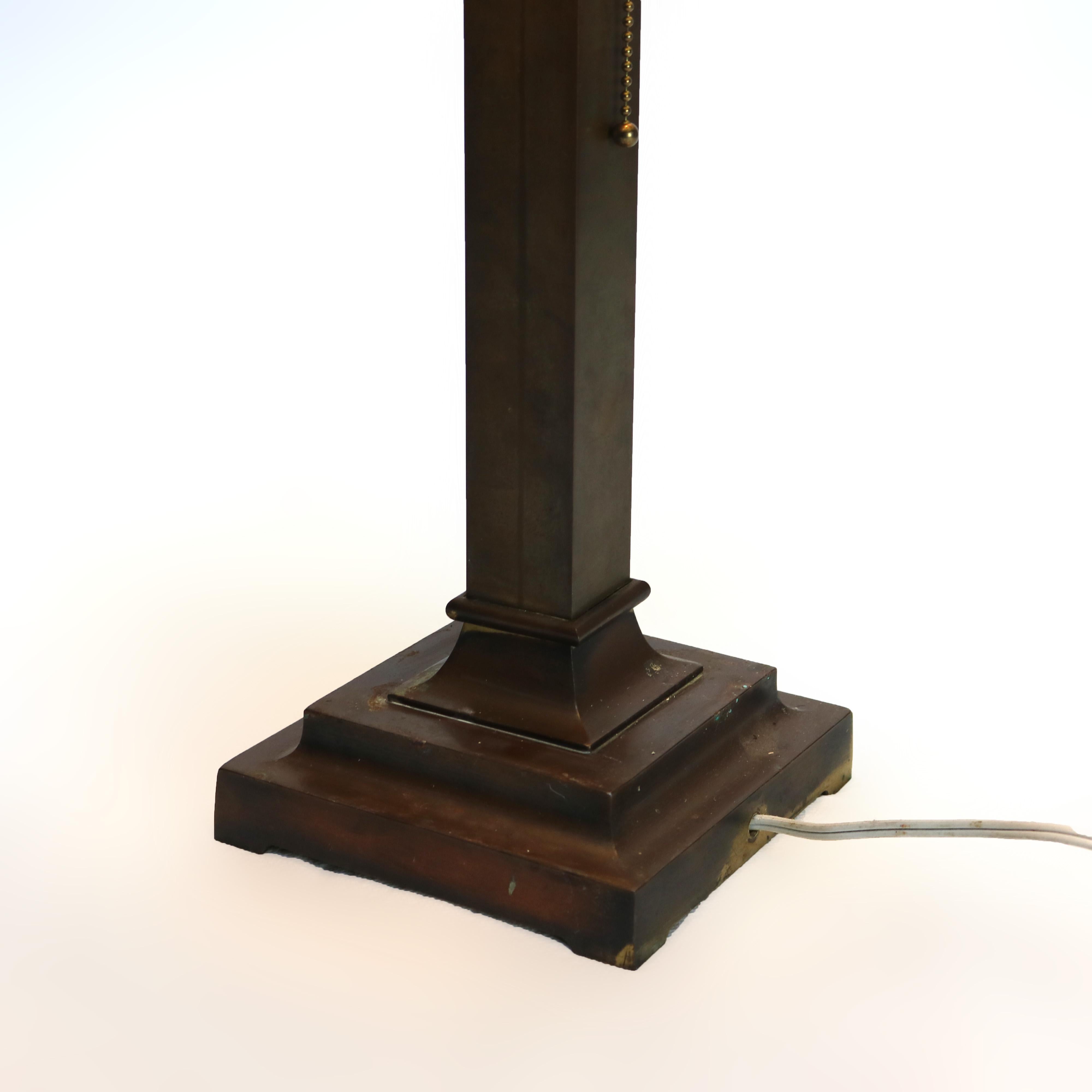 Arts & Crafts Mission Green Slag Glass & Brass Table Lamp C1920 3