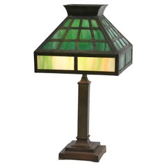 Arts & Crafts Mission Green Slag Glass & Brass Table Lamp C1920