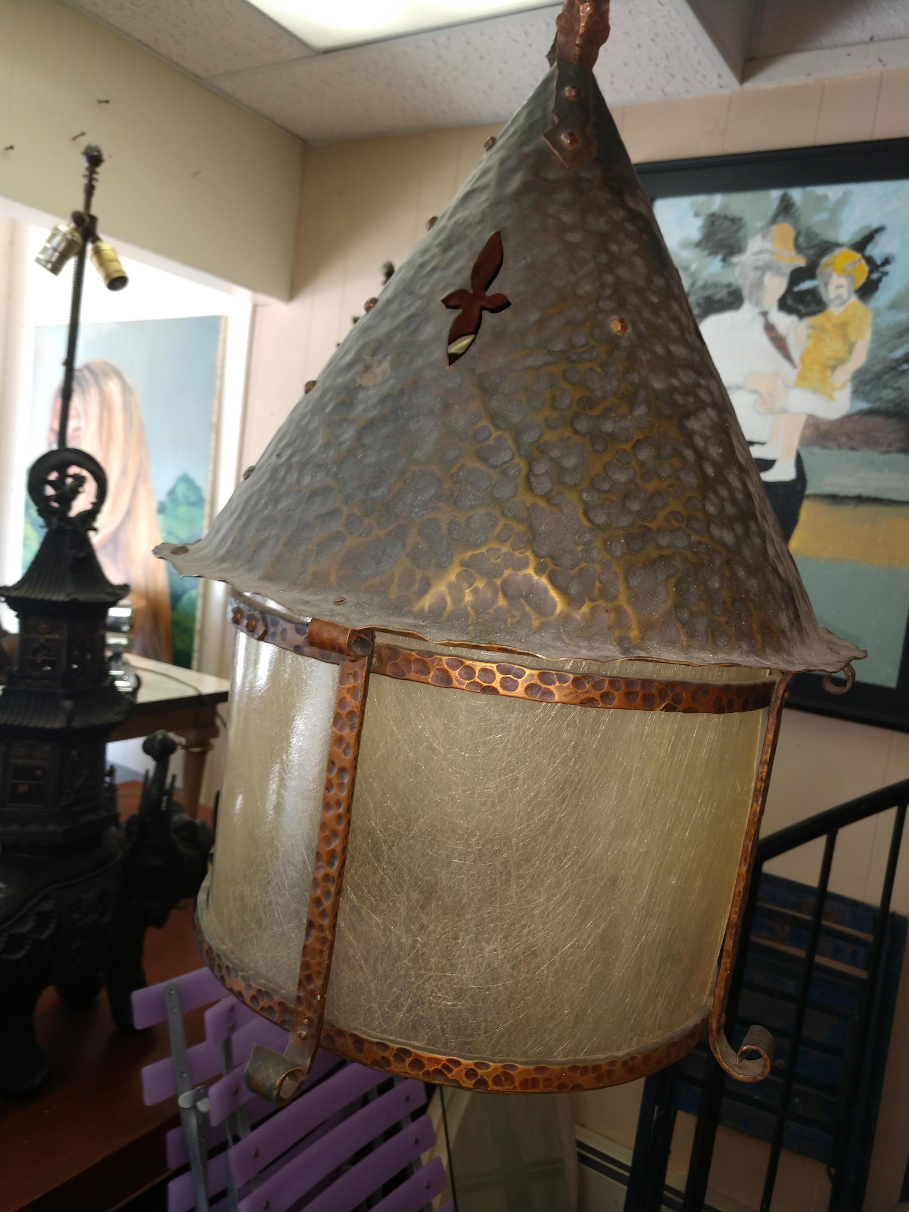 Arts & Crafts Mission Hand Hammered Copper Pendant Lamp c1925 4