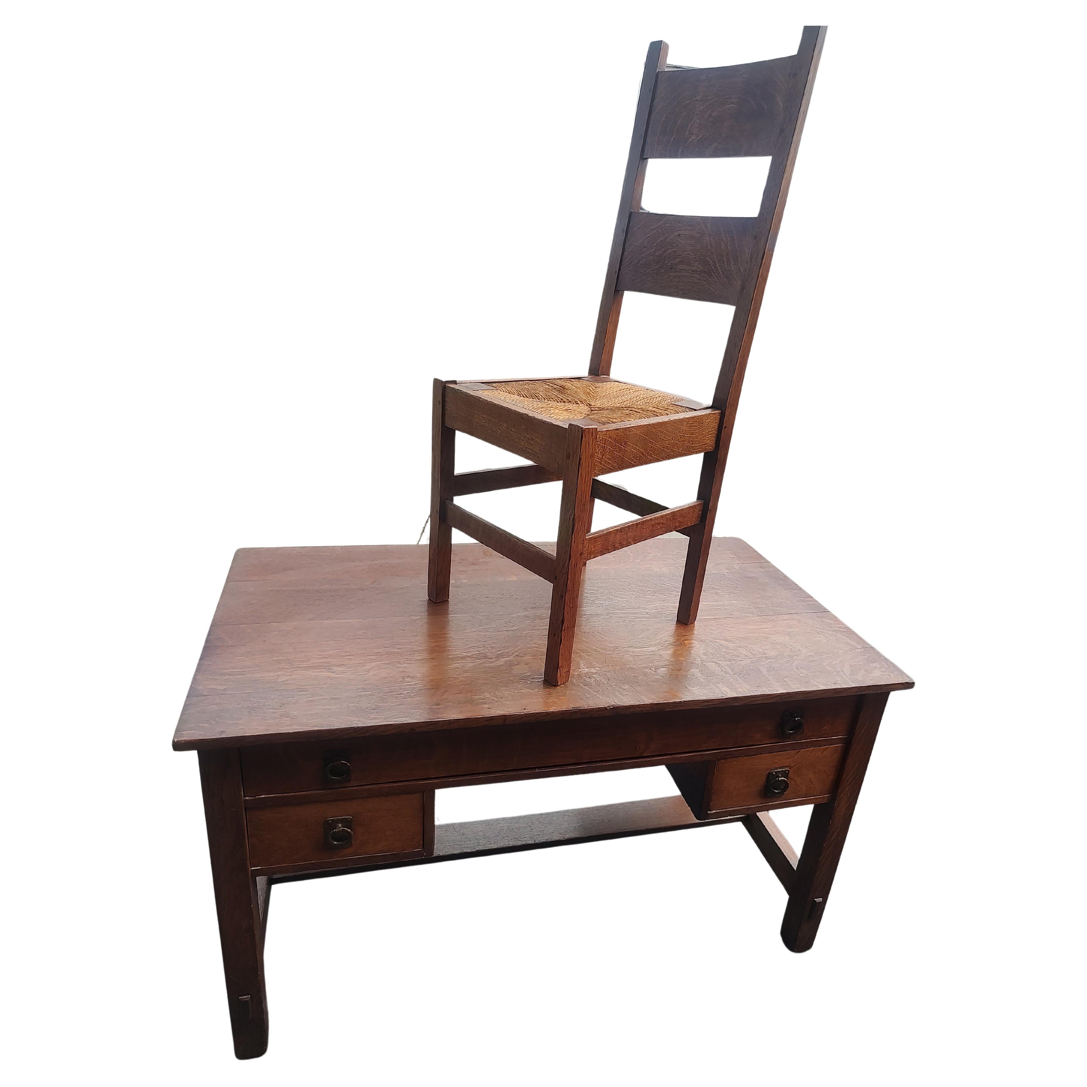 Iron Arts & Crafts Mission Oak 3 Drawer Desk & Chair with Rush Seat by Lifetime C1912 For Sale