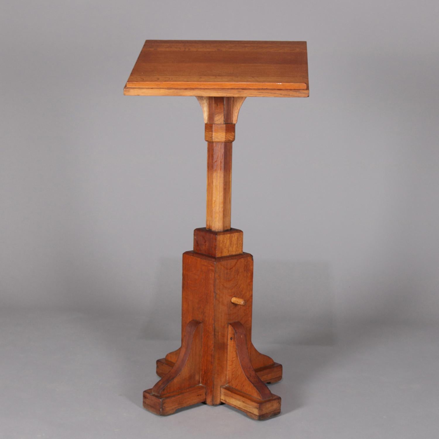 An antique Arts & Crafts Mission oak pulpit lectern features stepped base with four legs and peg-adjusted height, circa 1910.

Measures: 38.5