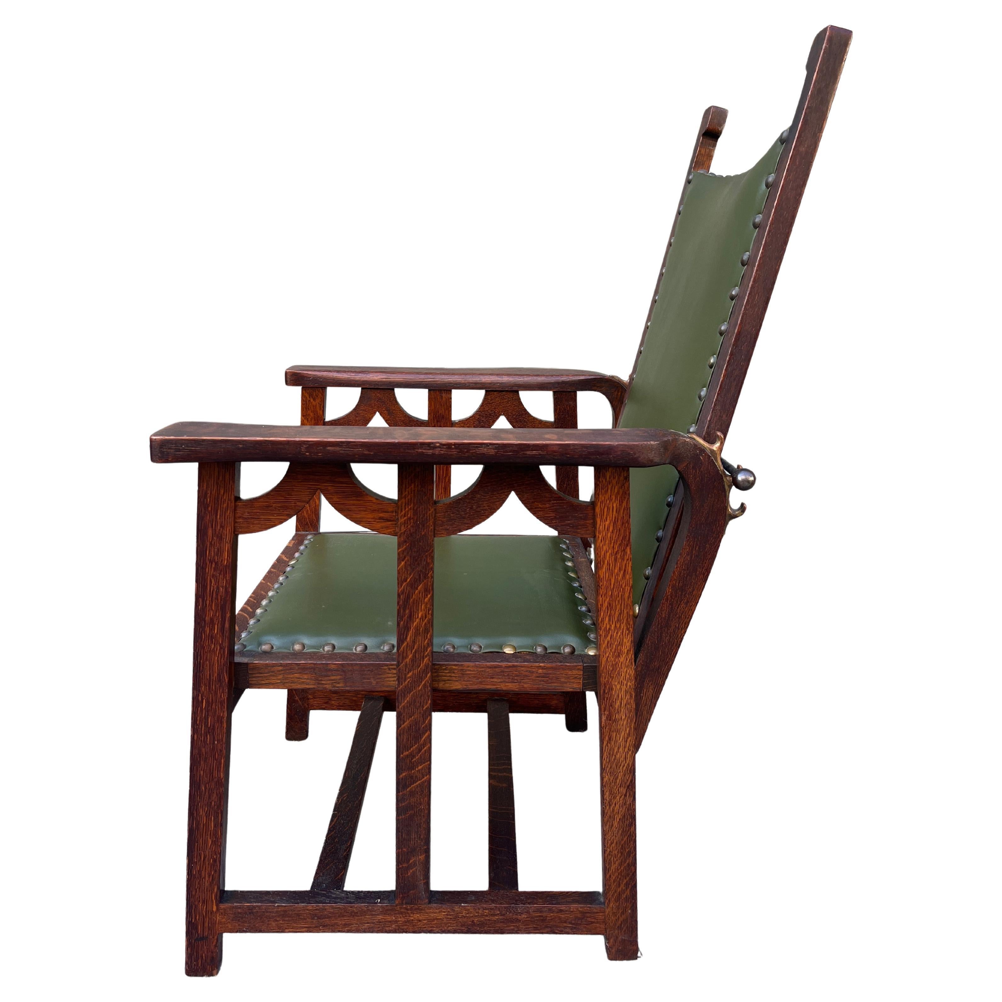 20th Century Arts & Crafts Mission Oak Antique Craftsman Reclining Morris Chair For Sale