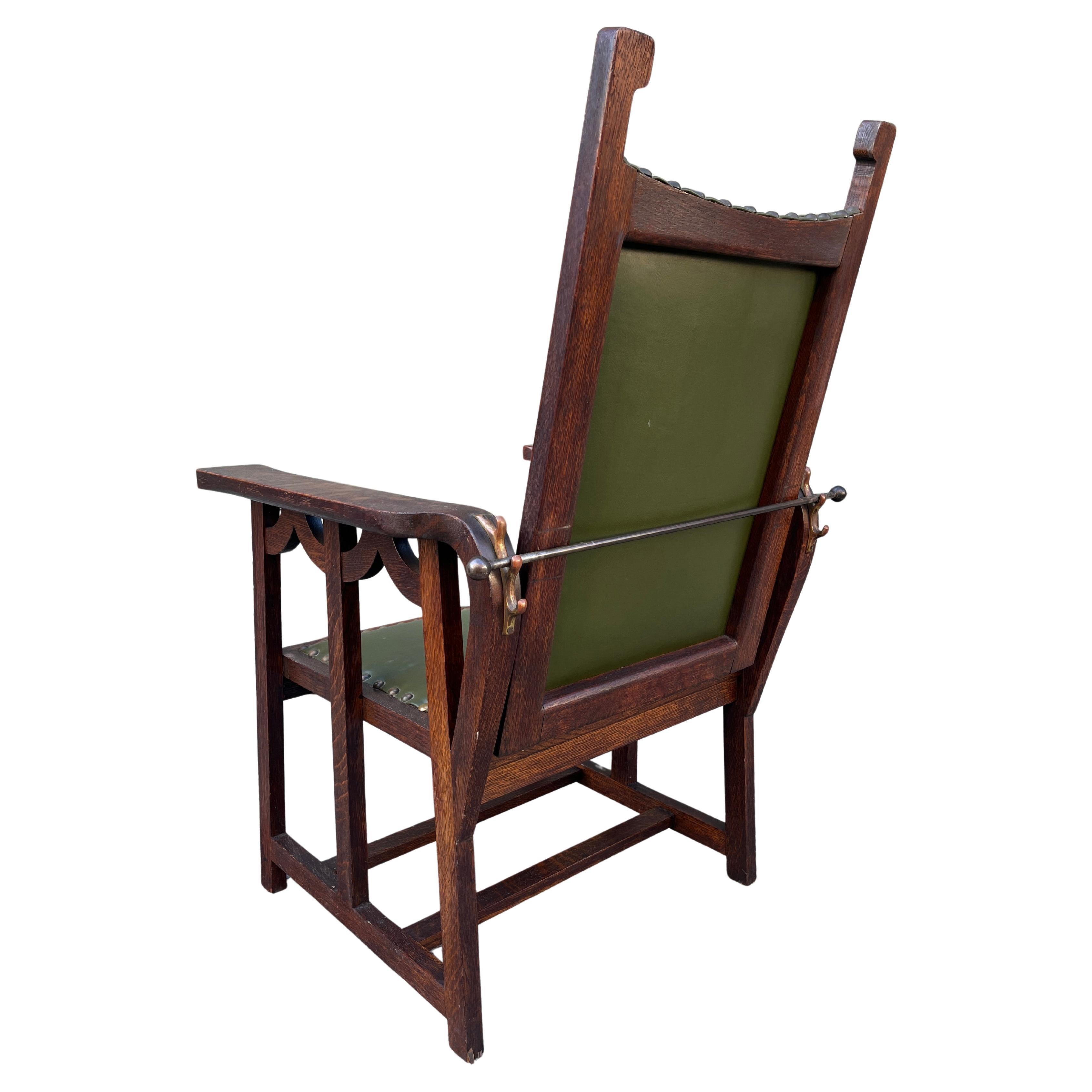 Brass Arts & Crafts Mission Oak Antique Craftsman Reclining Morris Chair For Sale