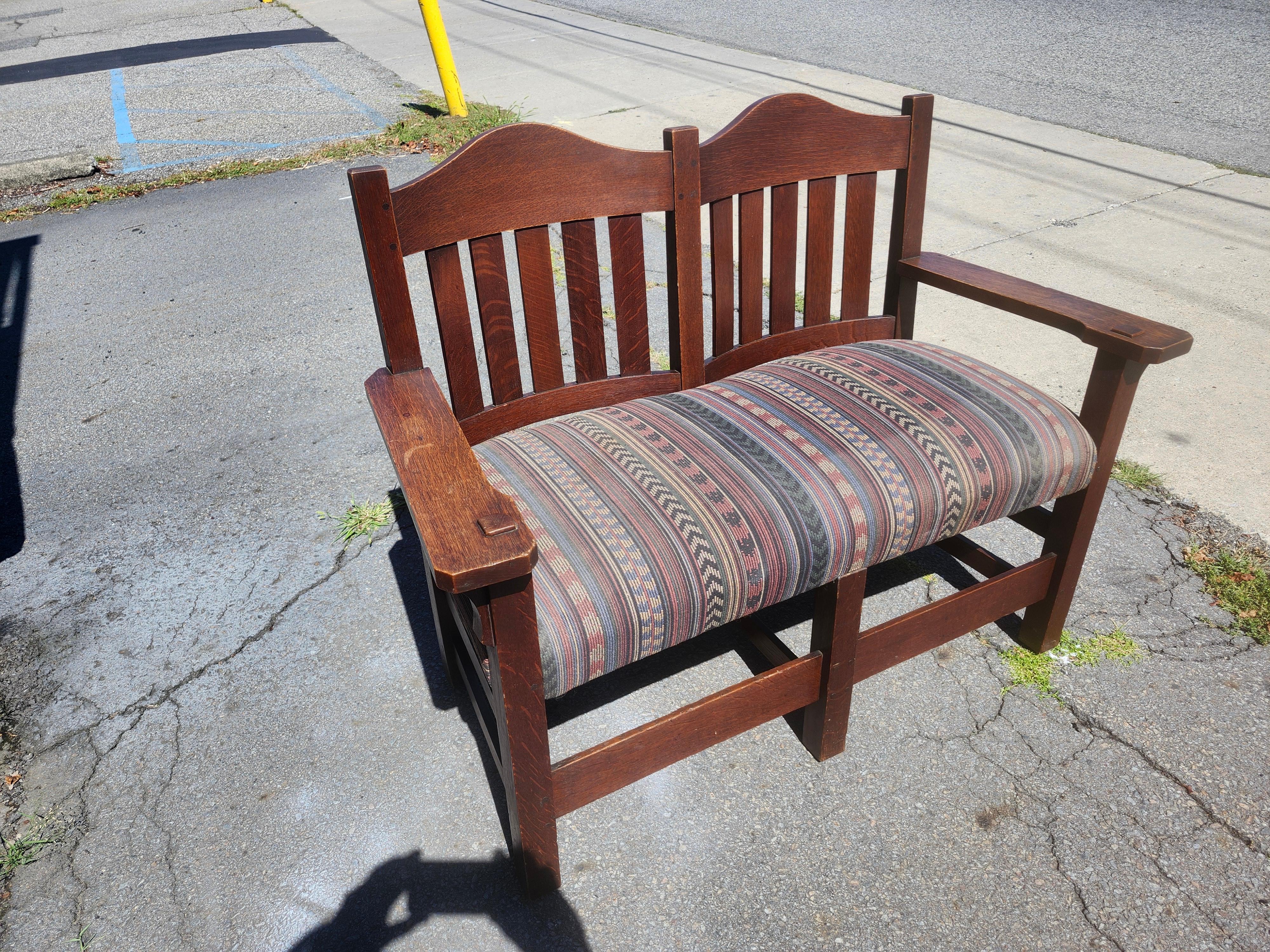 Arts & Crafts Mission Oak Bench Settee By L&JG Stickley Onadaga Shops C 1910 im Angebot 3