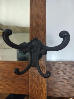 Arts & Crafts Mission Oak Beveled Glass Wall Mirror with Iron Coat Hooks