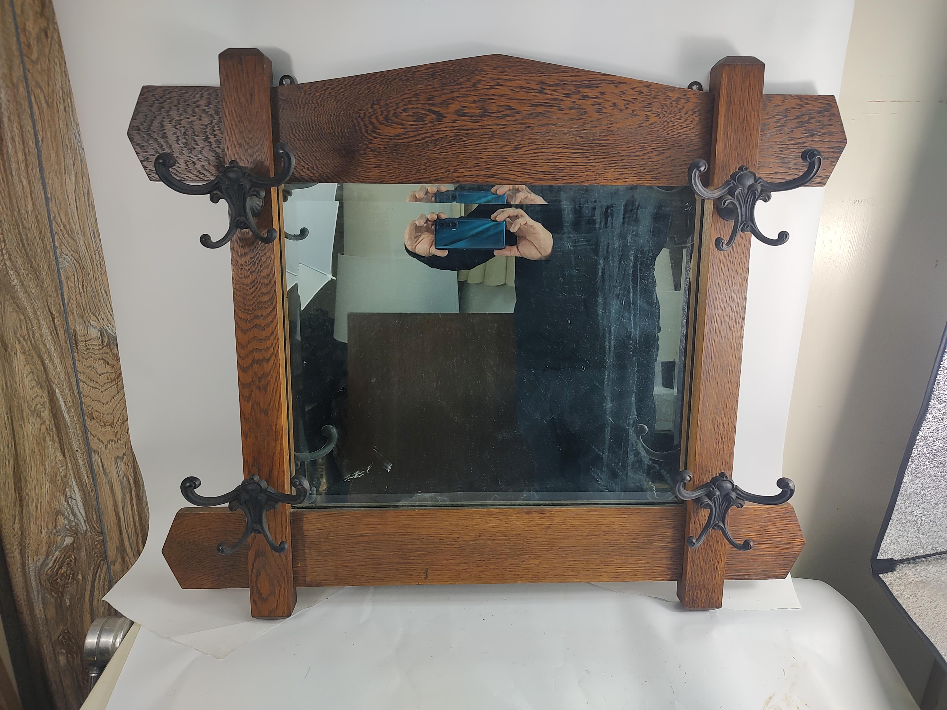 Arts and Crafts Arts & Crafts Mission Oak Beveled Glass Wall Mirror with Iron Coat Hooks