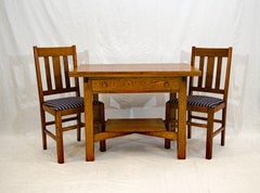 Arts & Crafts Mission Oak Library or Breakfast Table with Two Leaves, Two Chairs