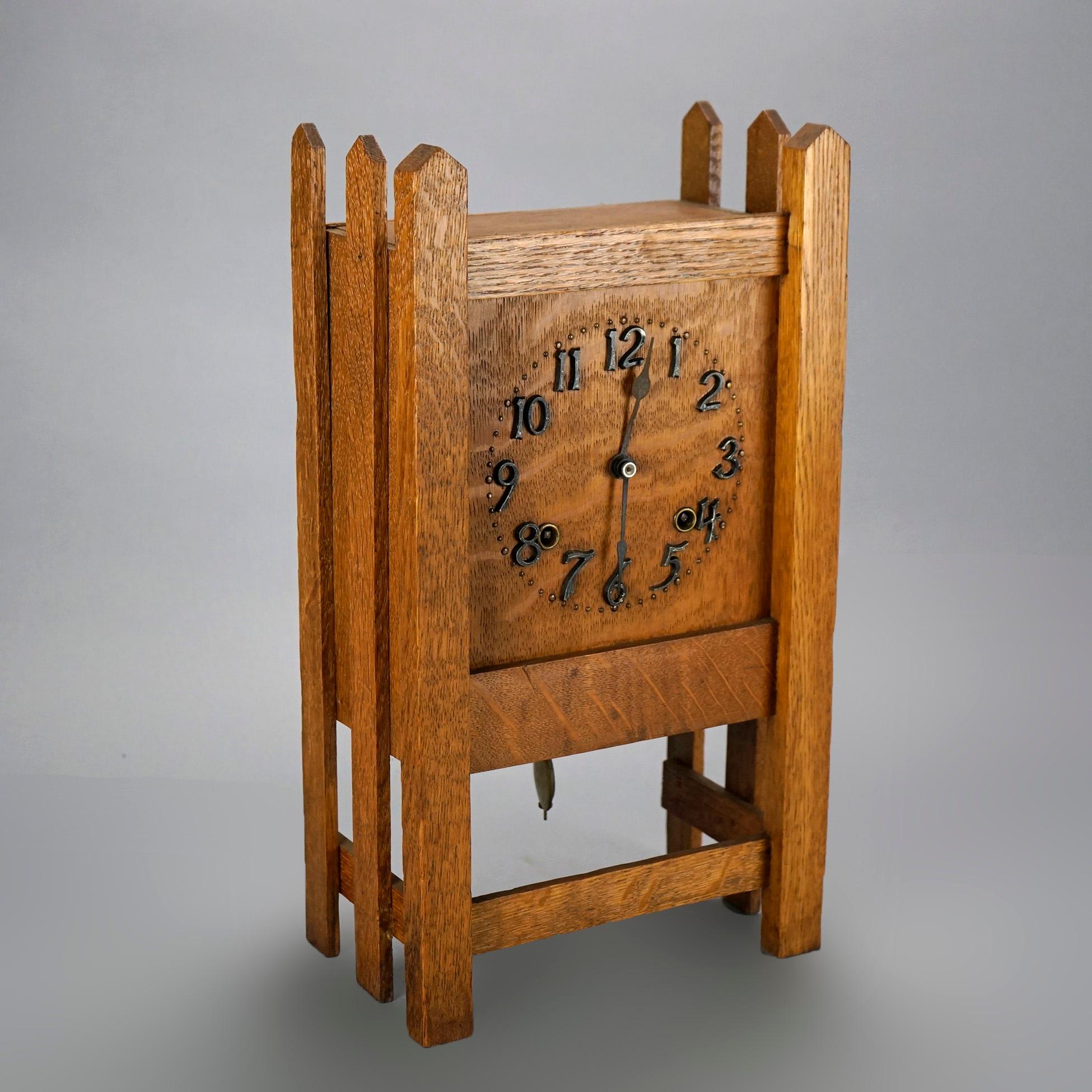 An antique Arts and Crafts Mission mantel clock offers quarter sawn oak construction with slat sides, c1910

Measures- 17.5''H x 9.5''W x 5.5''D

Catalogue Note: Ask about DISCOUNTED DELIVERY RATES available to most regions within 1,500 miles of New