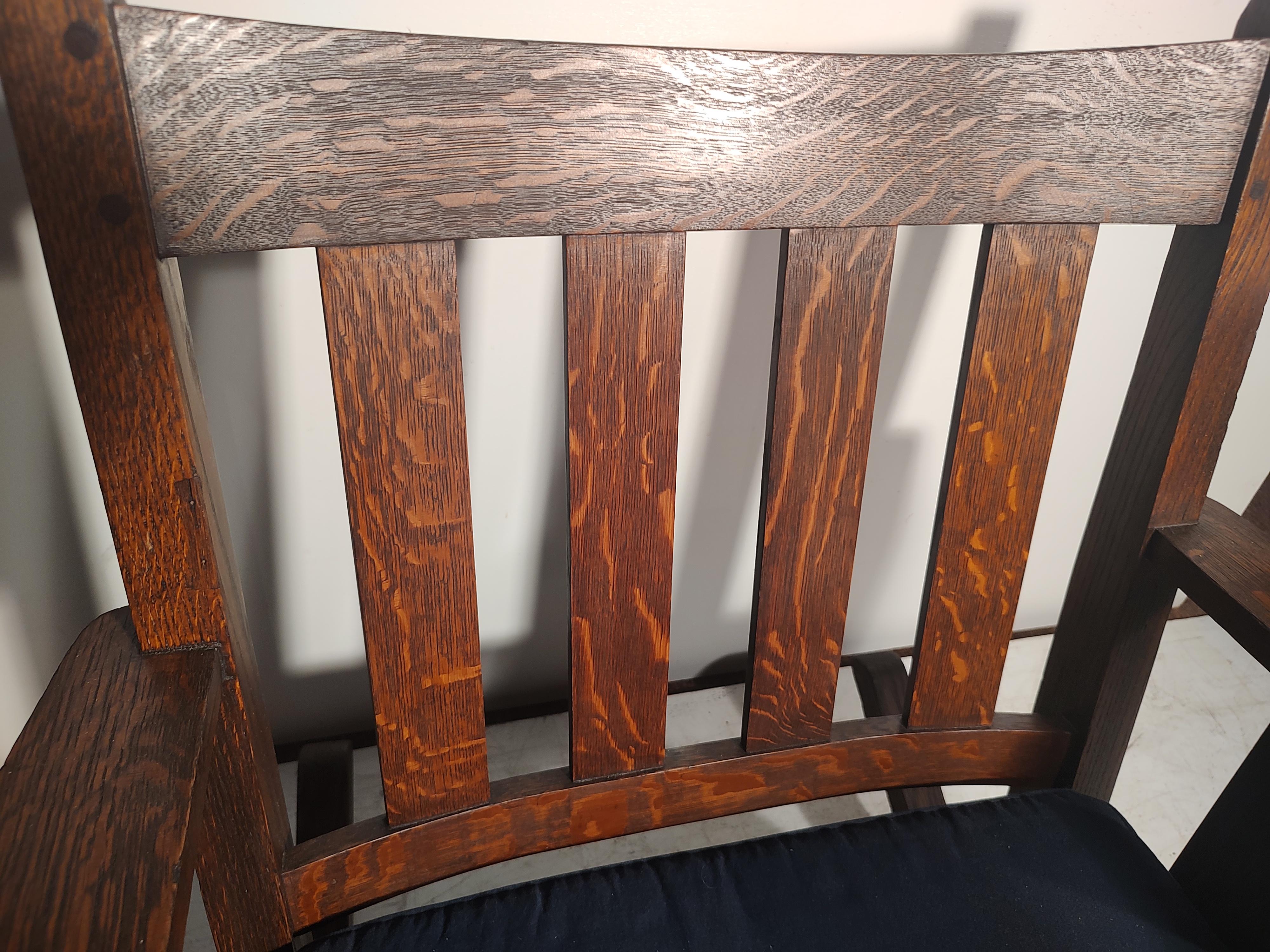 Fabric Arts & Crafts Mission Oak Slatted Rocking Chair attributed to Stickley Brothers  For Sale