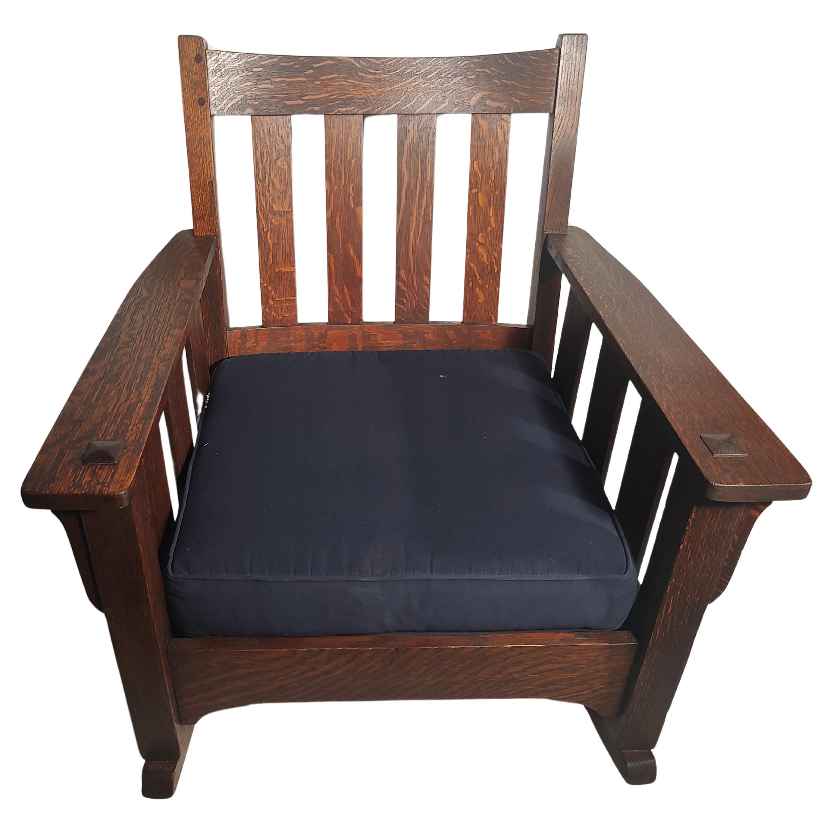 Early 20th Century Arts & Crafts Mission Oak Slatted Rocking Chair attributed to Stickley Brothers