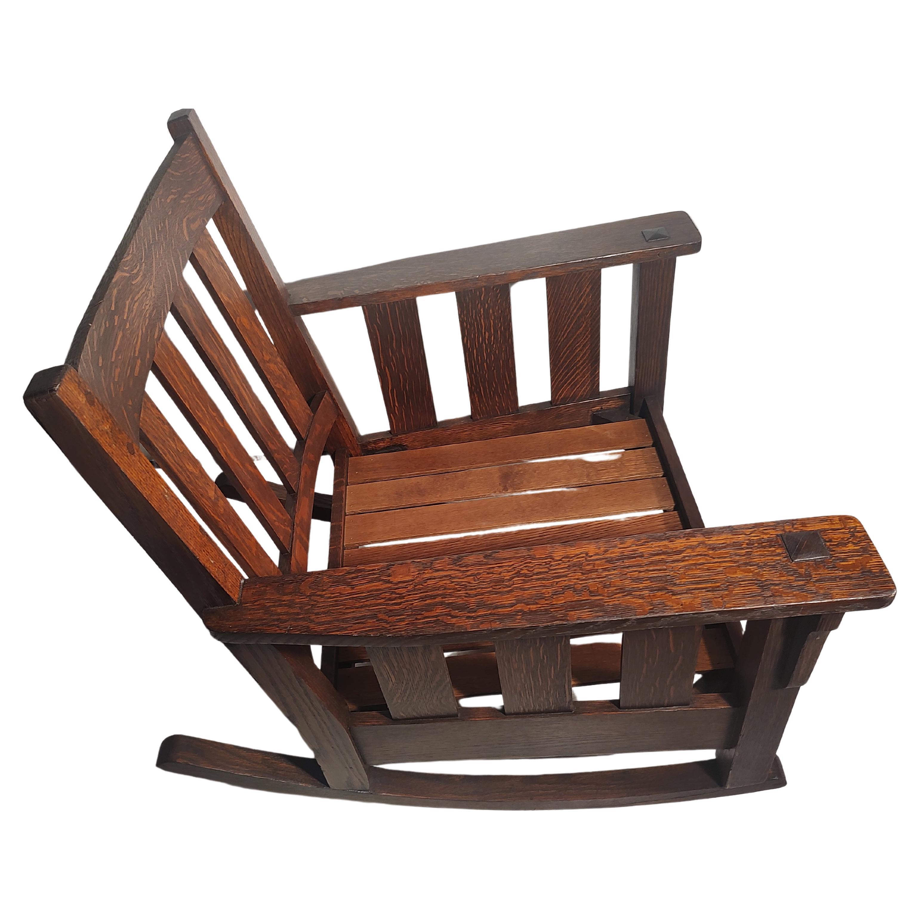 Fabric Arts & Crafts Mission Oak Slatted Rocking Chair attributed to Stickley Brothers