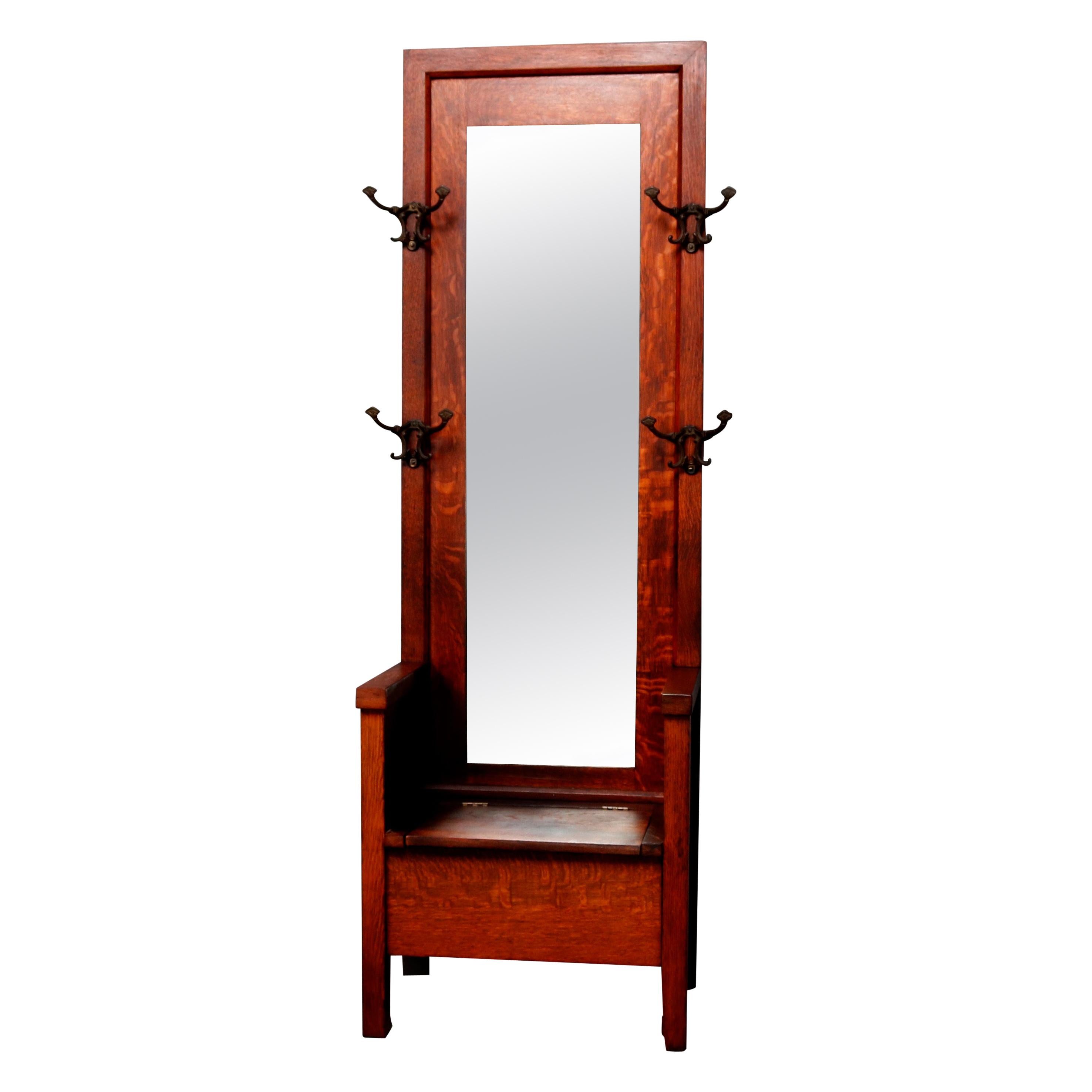 Arts and Crafts Mission Oak Stickley School Mirrored Lift Seat Hall