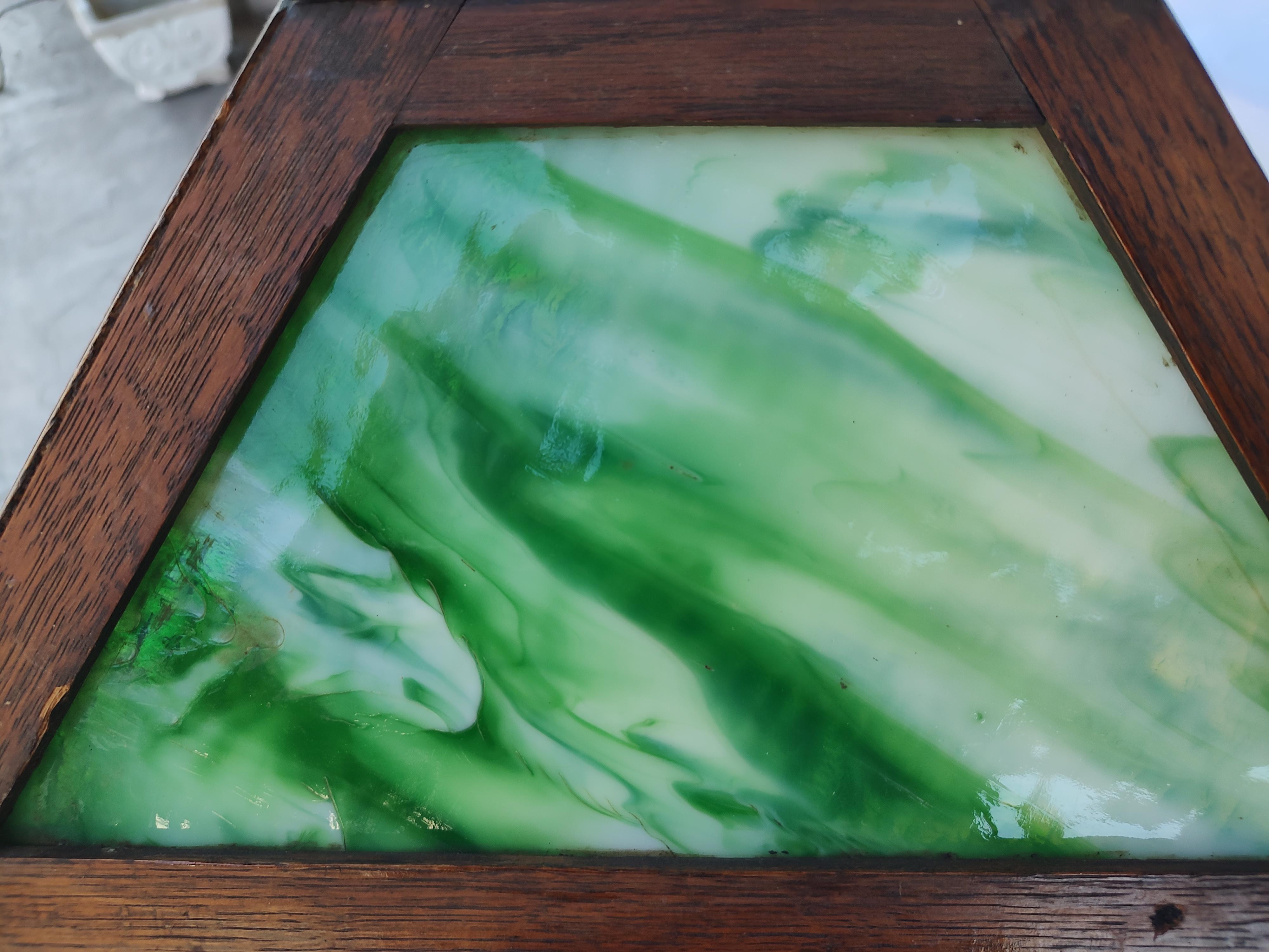 Beveled Arts & Crafts Mission Oak Table Lamp with Green Slag Glass