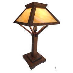 Antique Arts & Crafts Mission Oak with Carmel Colored Slag Glass Table Lamp C 1910