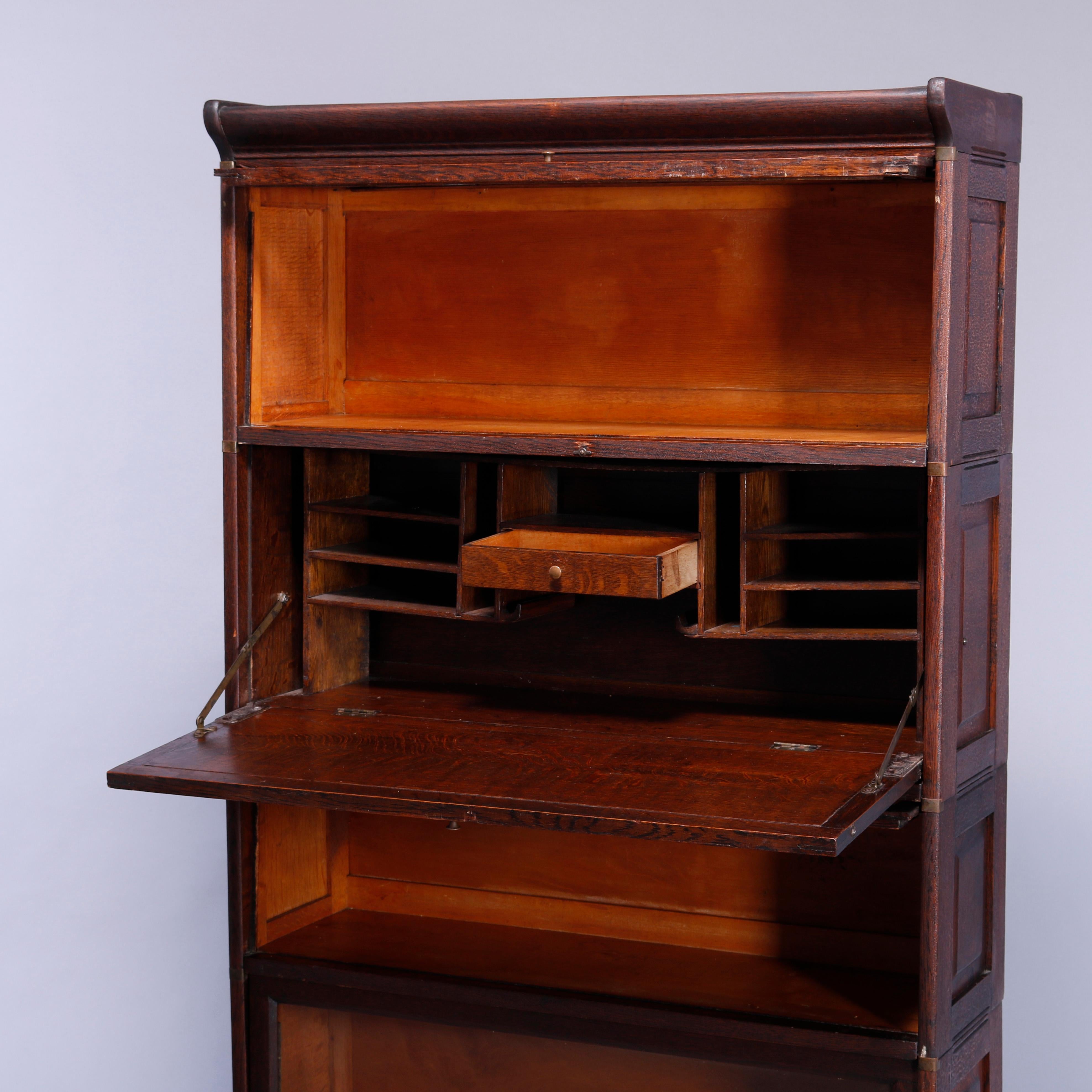 American Arts & Crafts Mission Paneled Oak & Leaded Glass Barrister Secretary, c1910