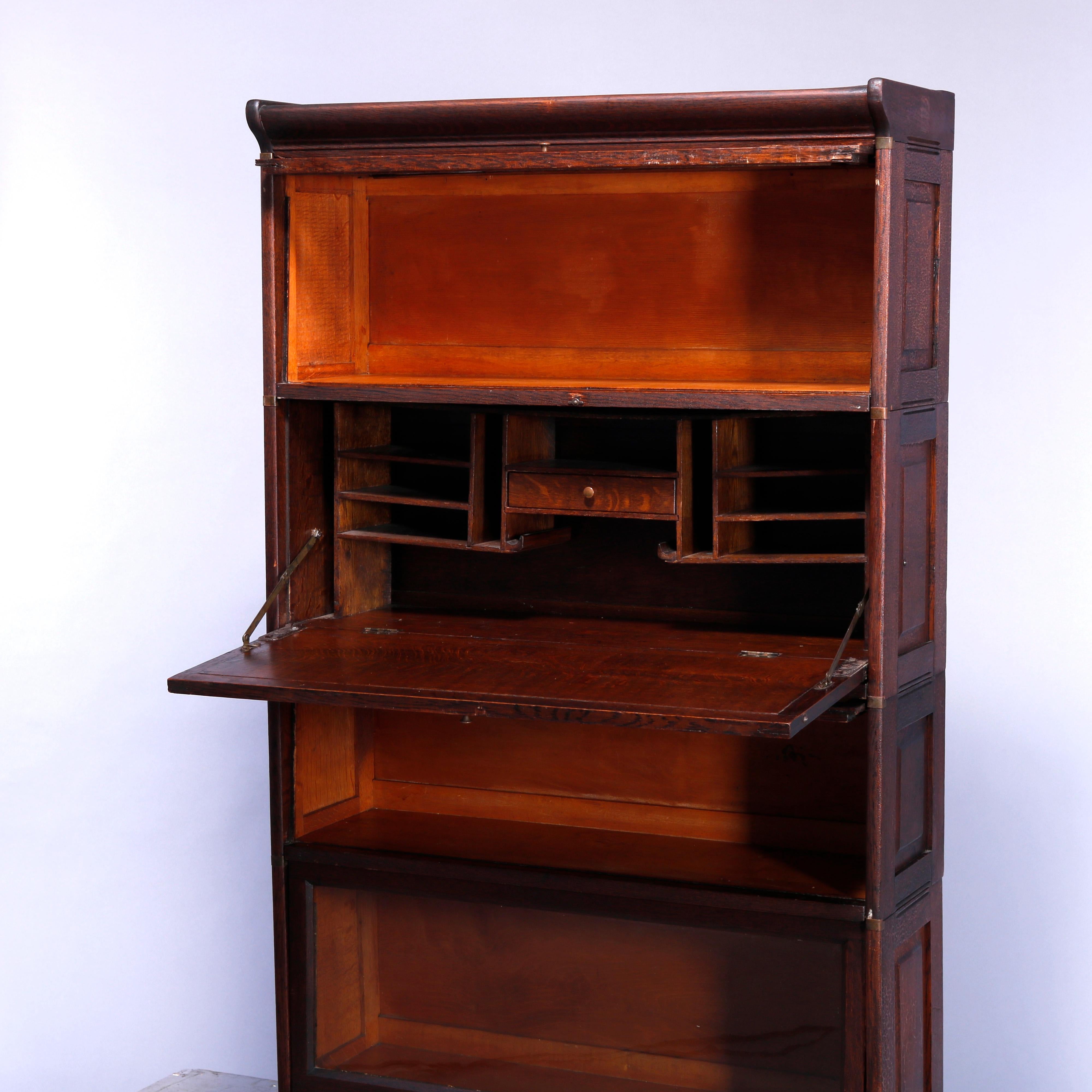 Arts & Crafts Mission Paneled Oak & Leaded Glass Barrister Secretary, c1910 In Good Condition In Big Flats, NY