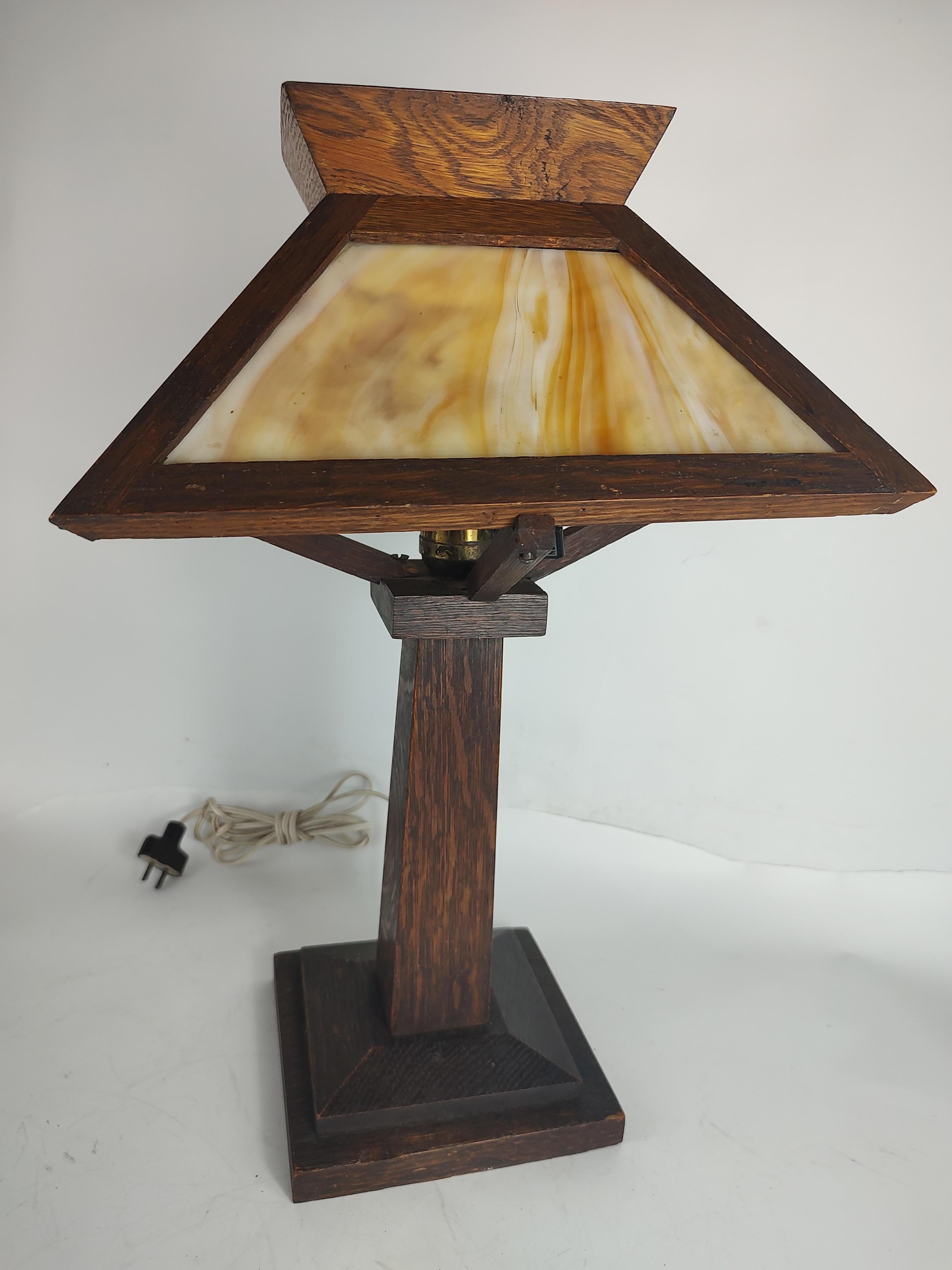 Arts & Crafts Mission Quarter Sawn Oak with Slag Glass Table Lamp C1910 1