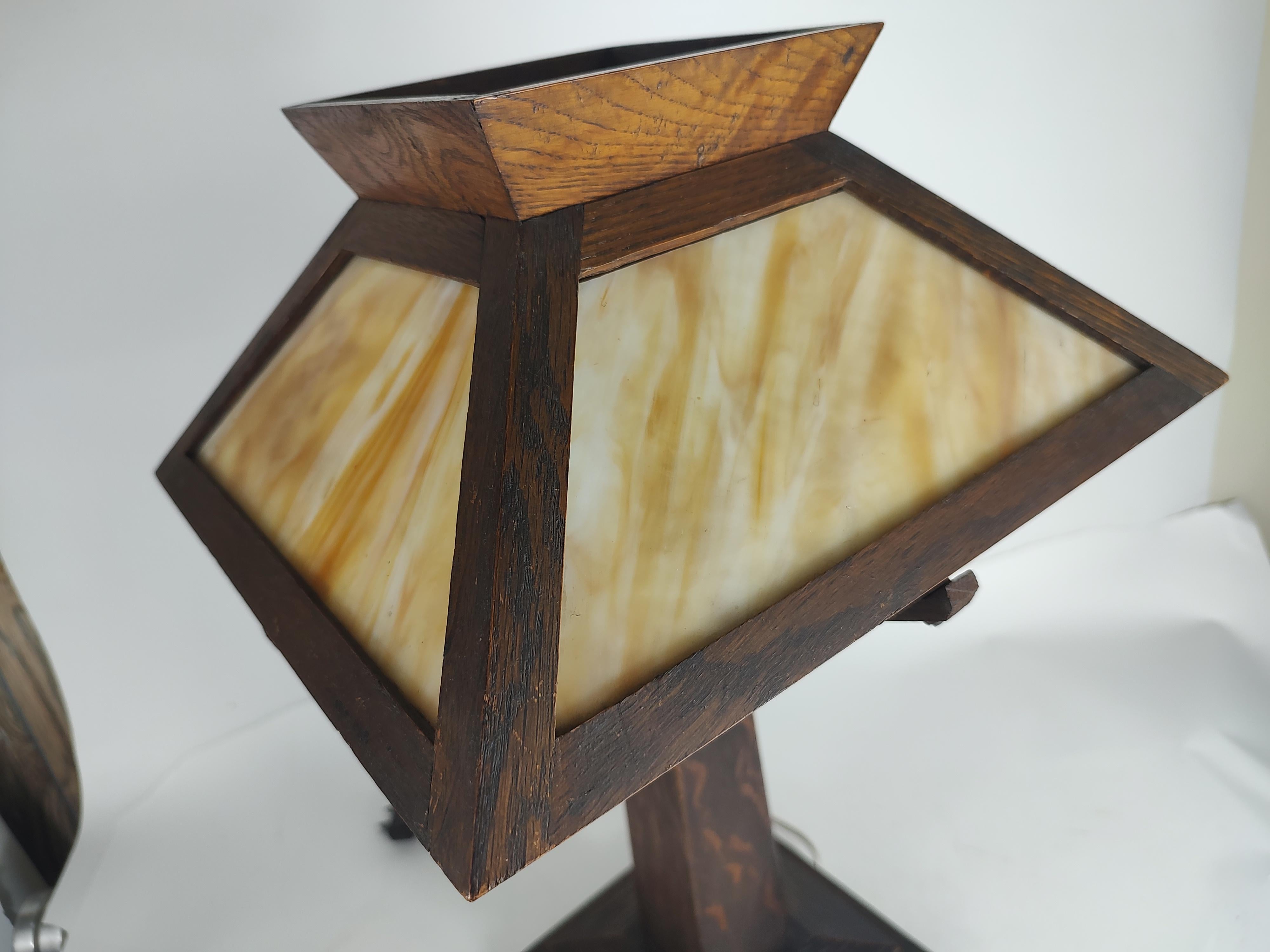 Arts and Crafts Arts & Crafts Mission Quarter Sawn Oak with Slag Glass Table Lamp C1910