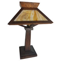 Antique Arts & Crafts Mission Quarter Sawn Oak with Slag Glass Table Lamp C1910