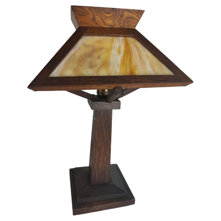 Arts and Crafts Mission Quarter Sawn Oak with Slag Glass Table Lamp