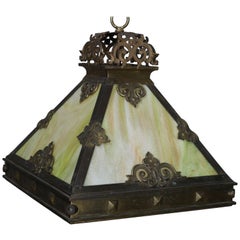 Arts & Crafts Mission Style 4-Panel Slag Glass Dome Chandelier, circa 1910