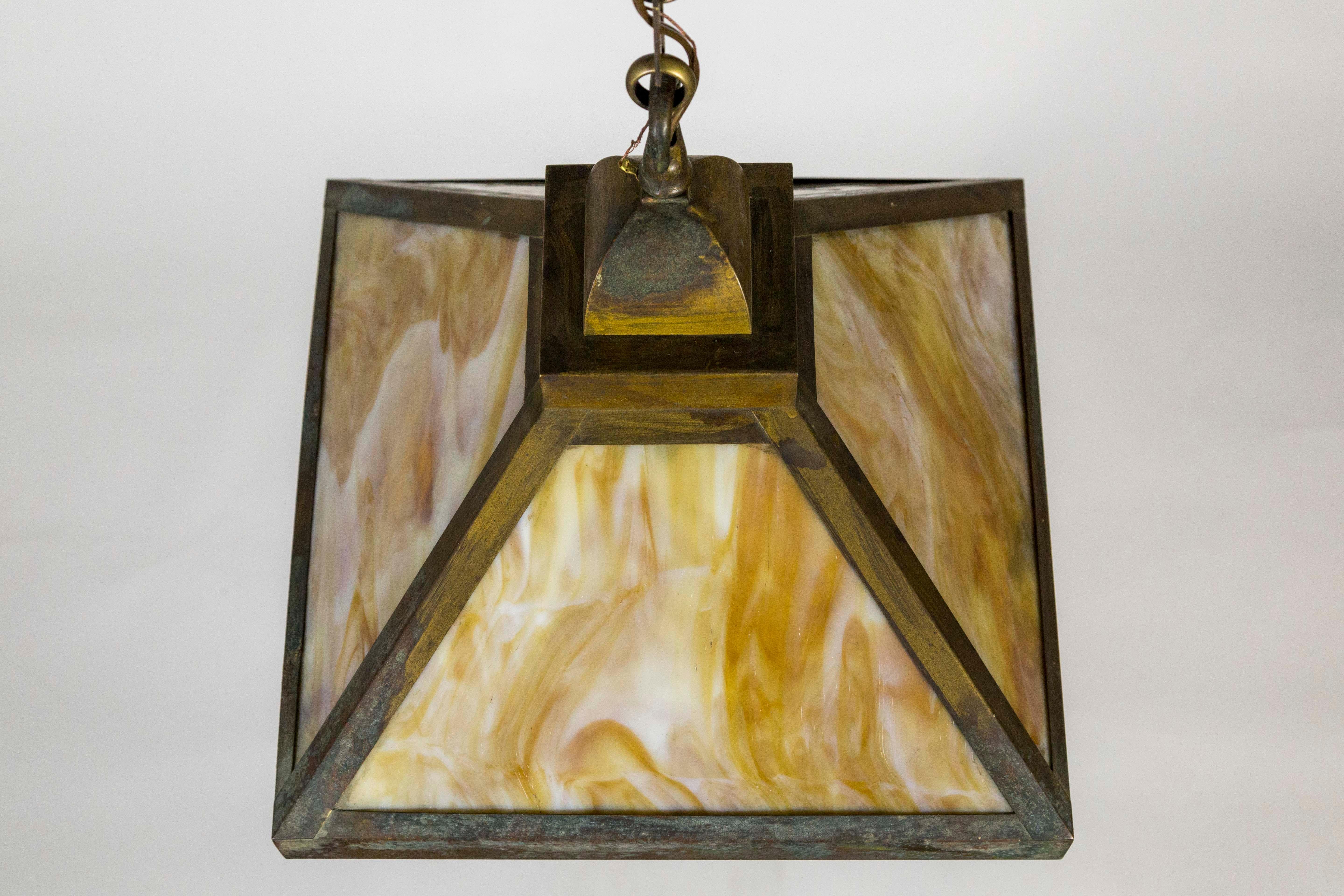 Arts & Crafts Mission Style Amber Stained Glass and Brass Pendant In Good Condition In San Francisco, CA