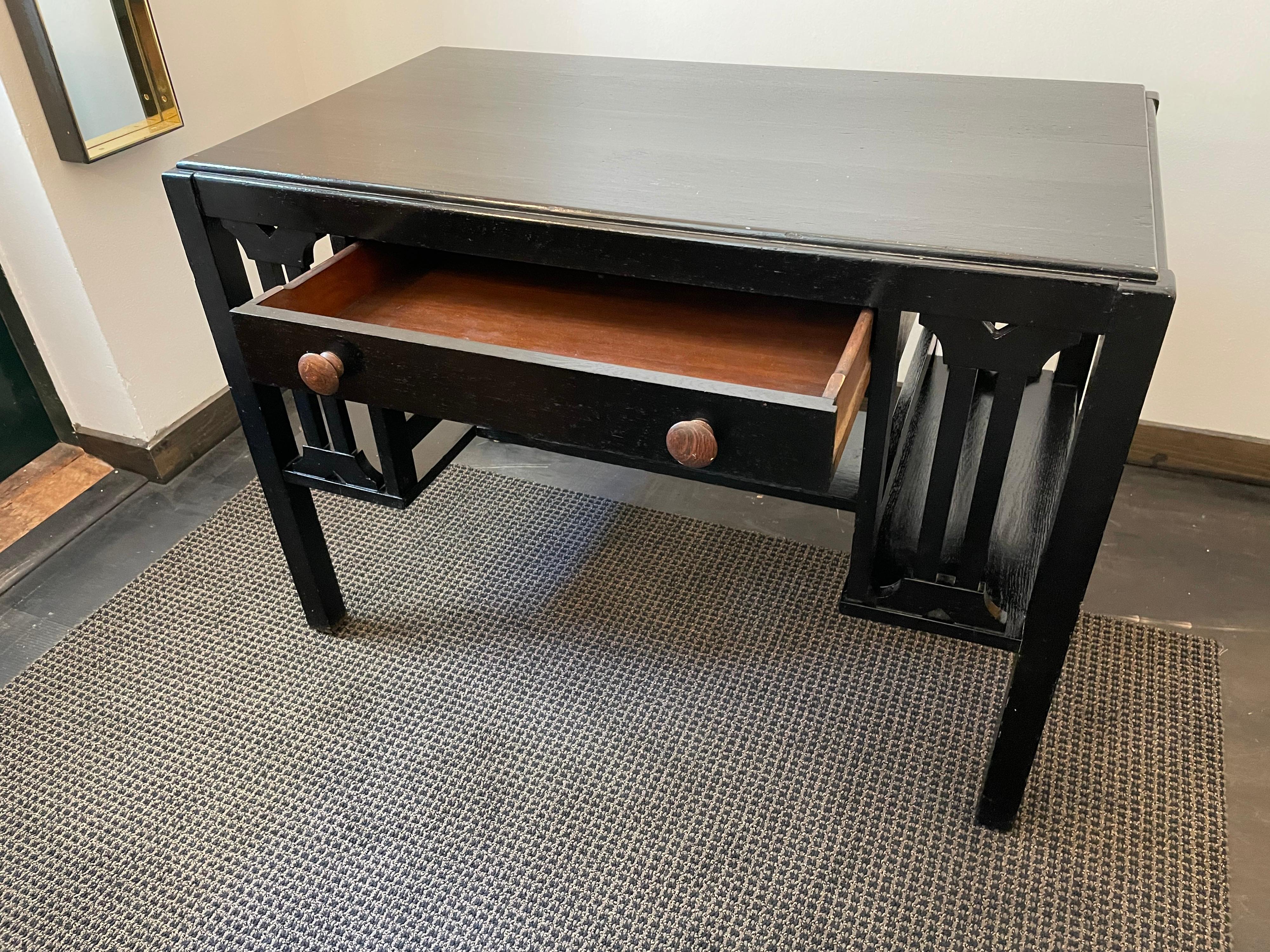 American Arts & Crafts Mission Style Black Solid Oak Desk with Side Shelves For Sale