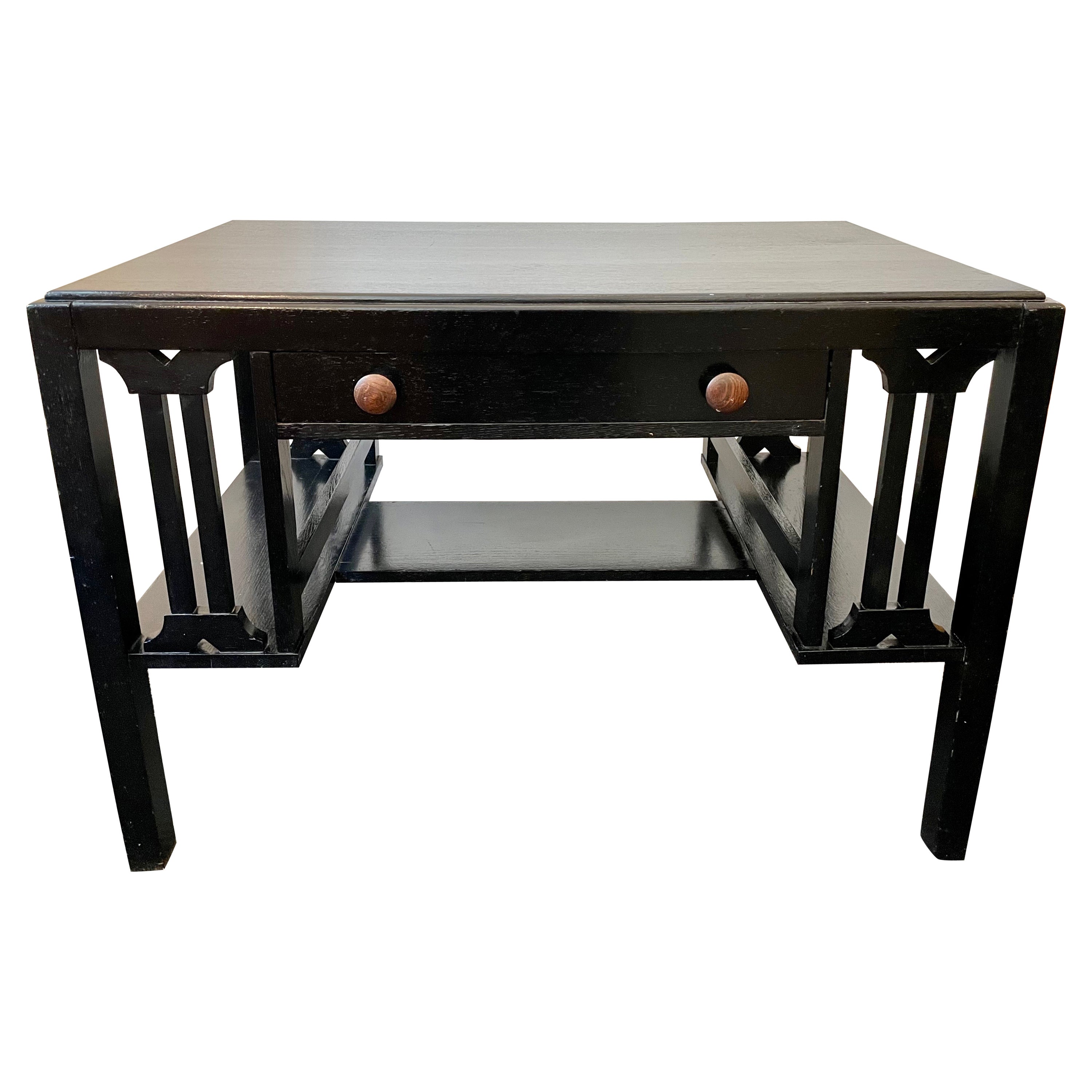 Scrivania in stile Mission Arts & Crafts in rovere massiccio nero con ripiani laterali