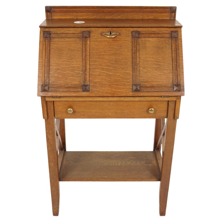 Arts and Crafts Mission Tiger Oak Drop Front Secretaire Desk, American