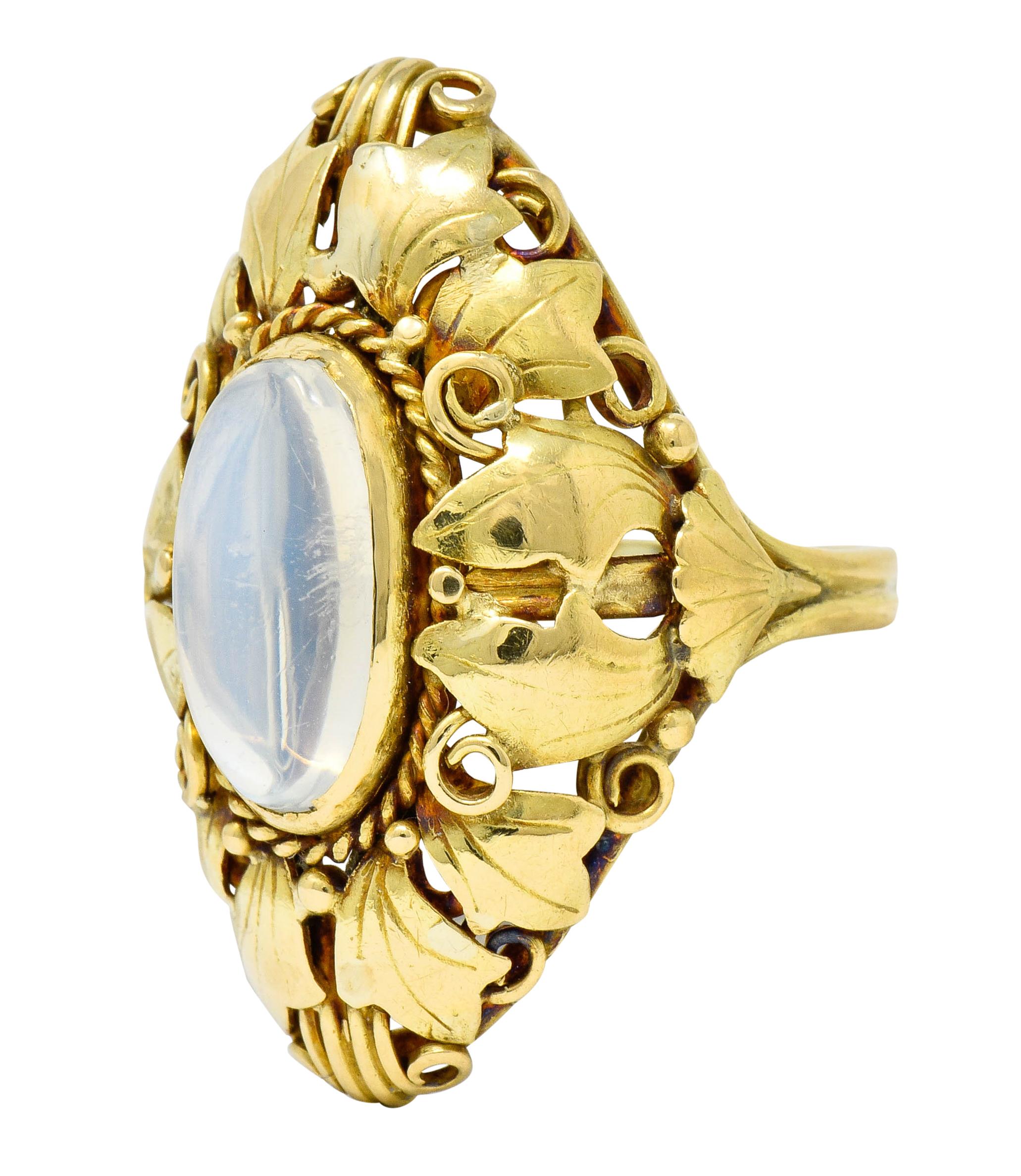 Arts & Crafts Moonstone 18 Karat Gold Layered Foliate Ring In Excellent Condition In Philadelphia, PA