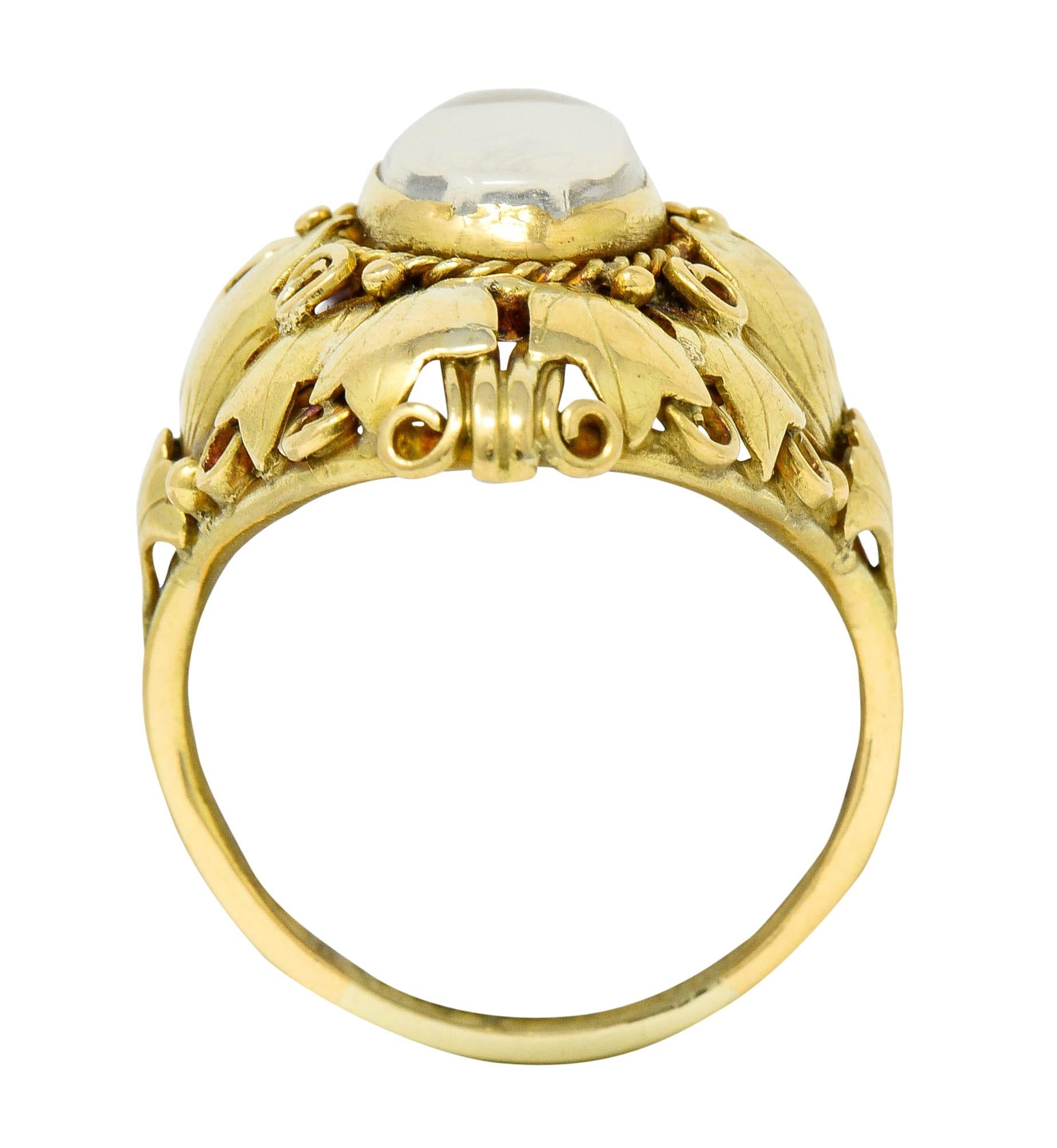 Women's or Men's Arts & Crafts Moonstone 18 Karat Gold Layered Foliate Ring