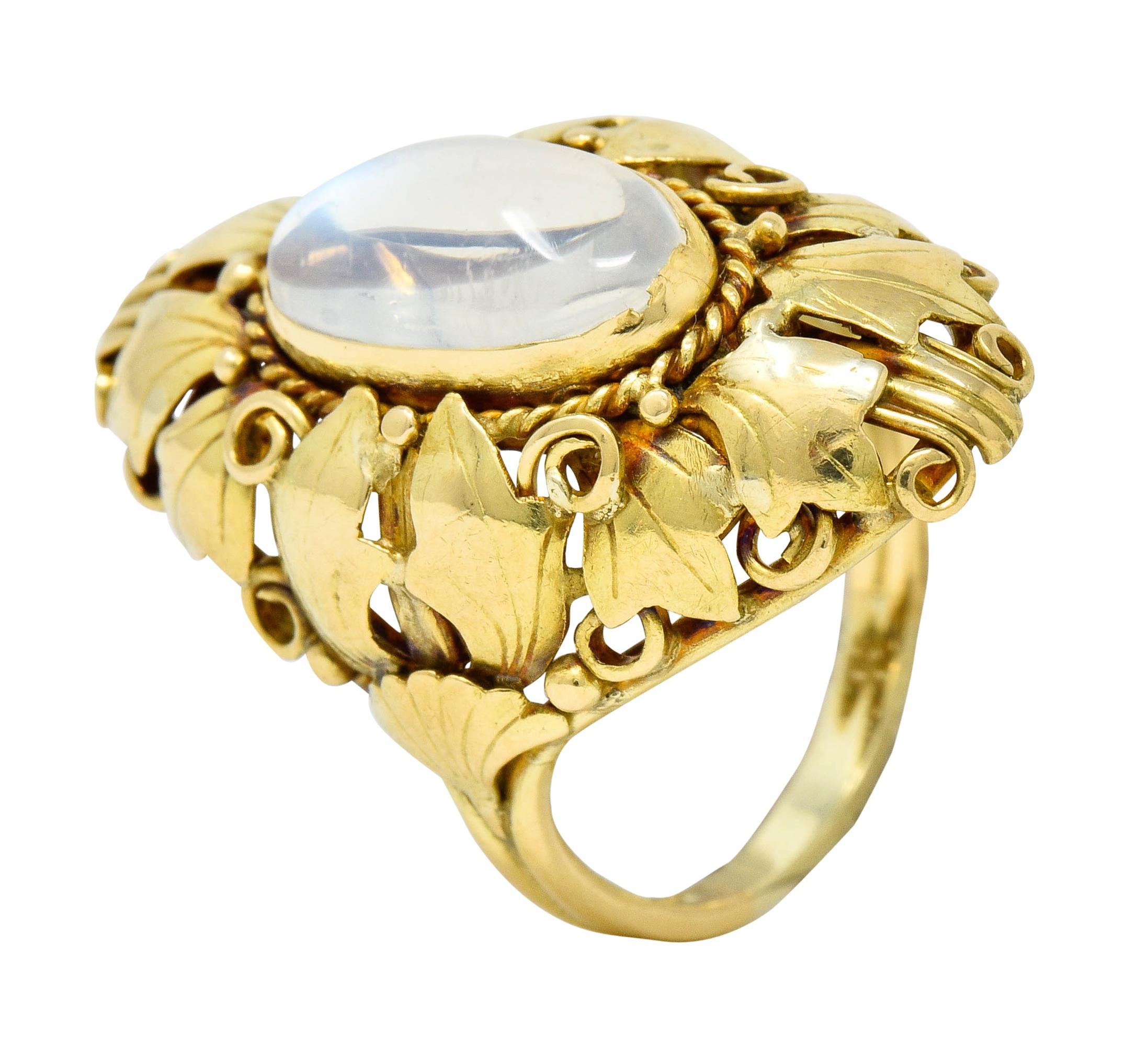 Arts & Crafts Moonstone 18 Karat Gold Layered Foliate Ring 1
