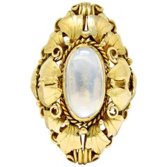 Arts & Crafts Moonstone 18 Karat Gold Layered Foliate Ring