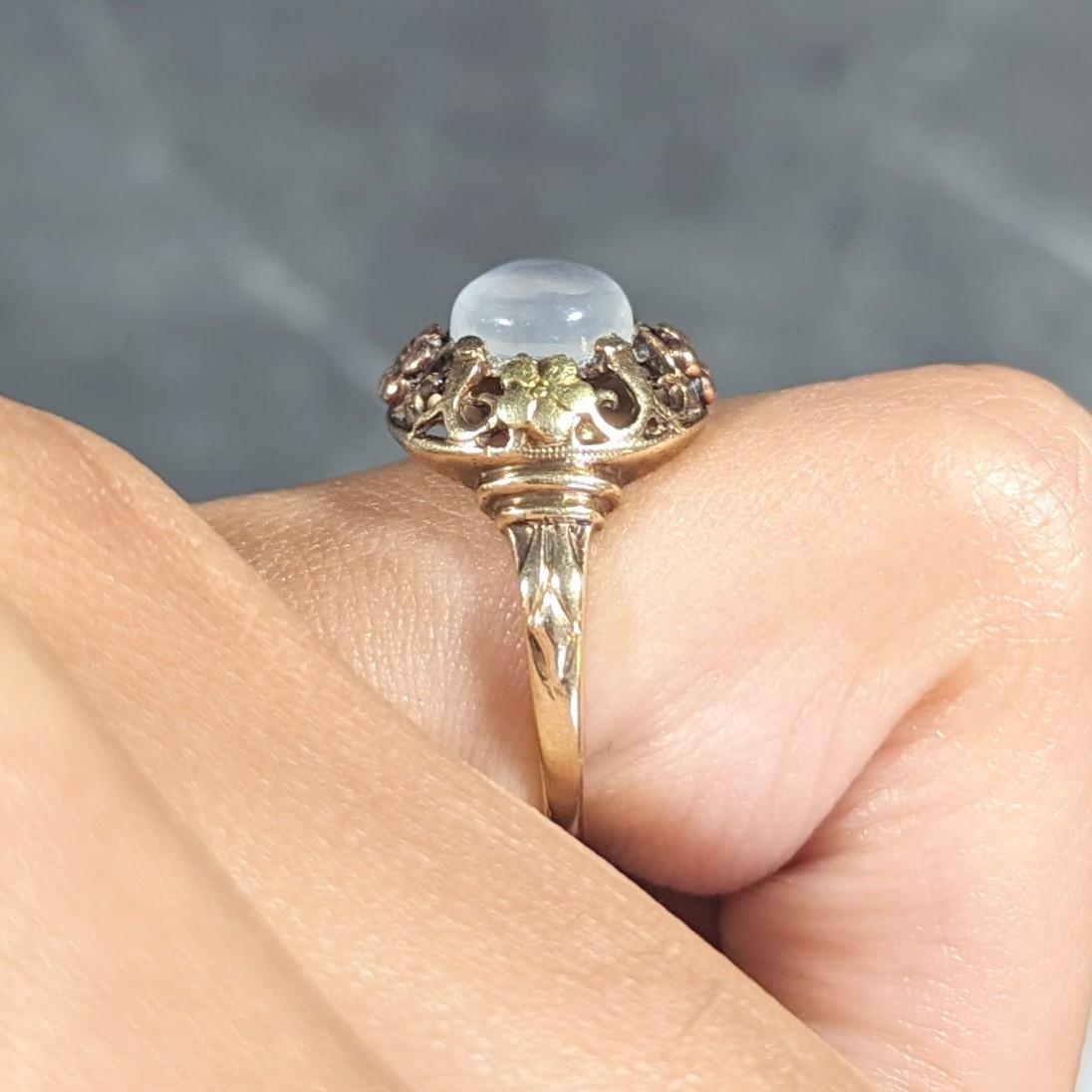 Kunsthandwerklicher antiker Mondstein-Cabochon 14K dreifarbiger Goldring mit Blumenmuster 7