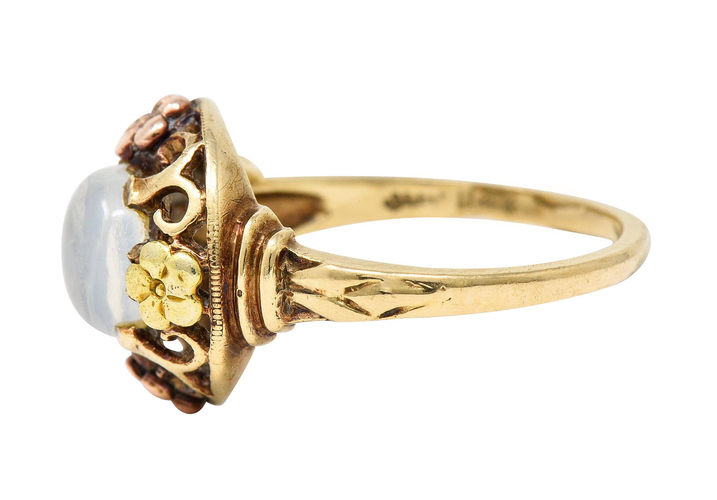Kunsthandwerklicher antiker Mondstein-Cabochon 14K dreifarbiger Goldring mit Blumenmuster 1