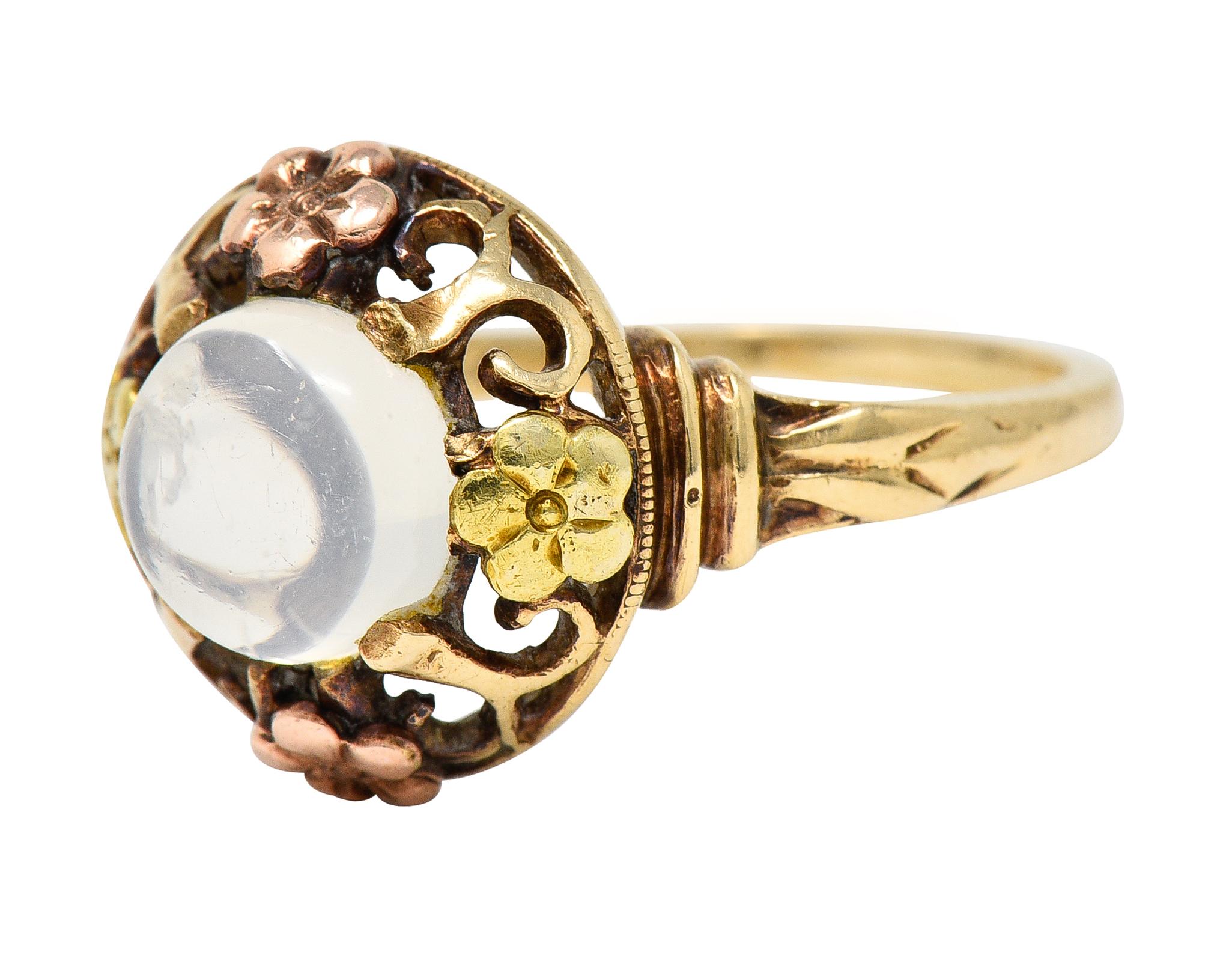 Kunsthandwerklicher antiker Mondstein-Cabochon 14K dreifarbiger Goldring mit Blumenmuster 2